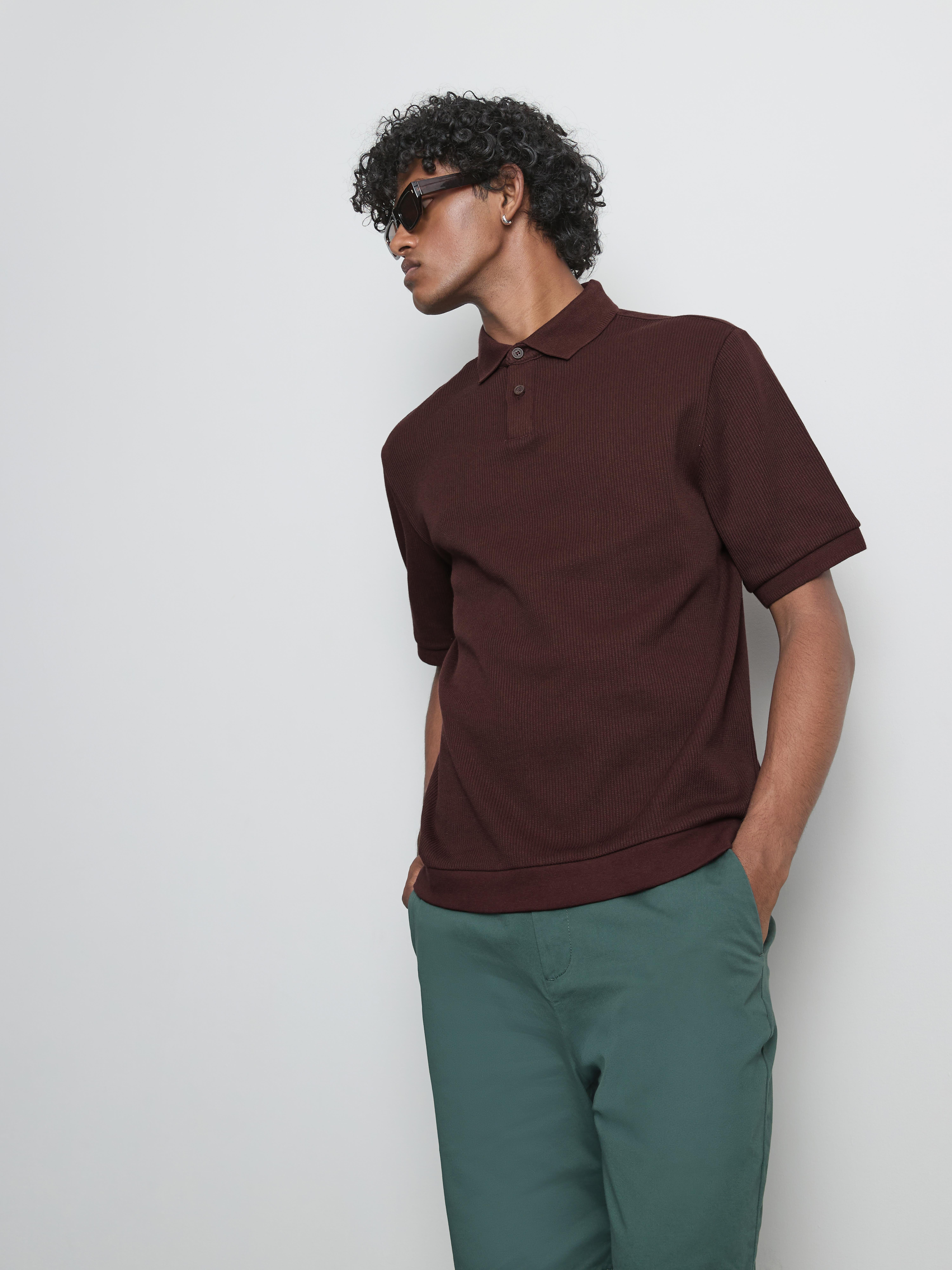 The Edit Ribbed Polo Shirt - Burgundy