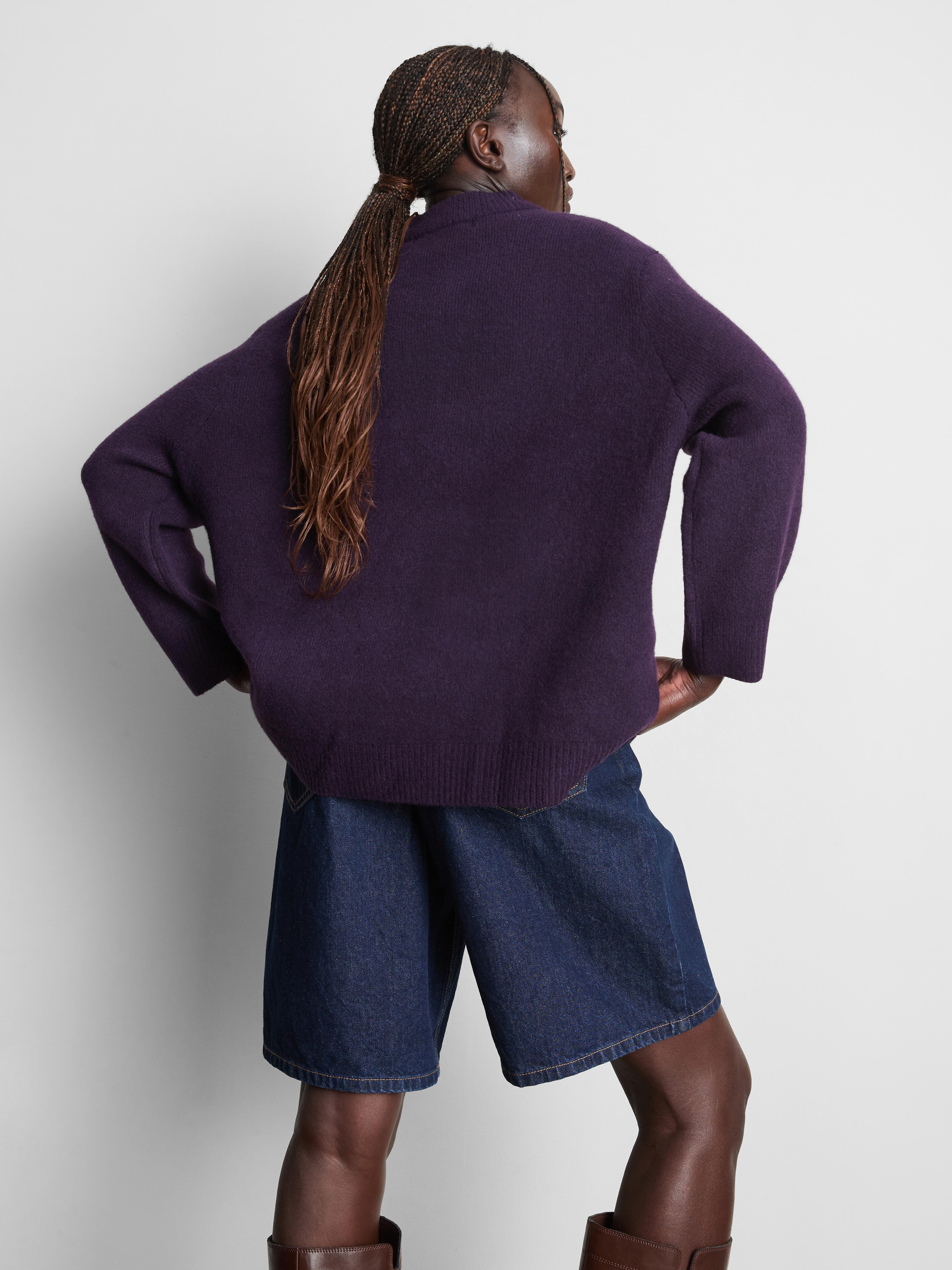 Wool Blend Oversized Crew Neck Sweater - Dark Purple