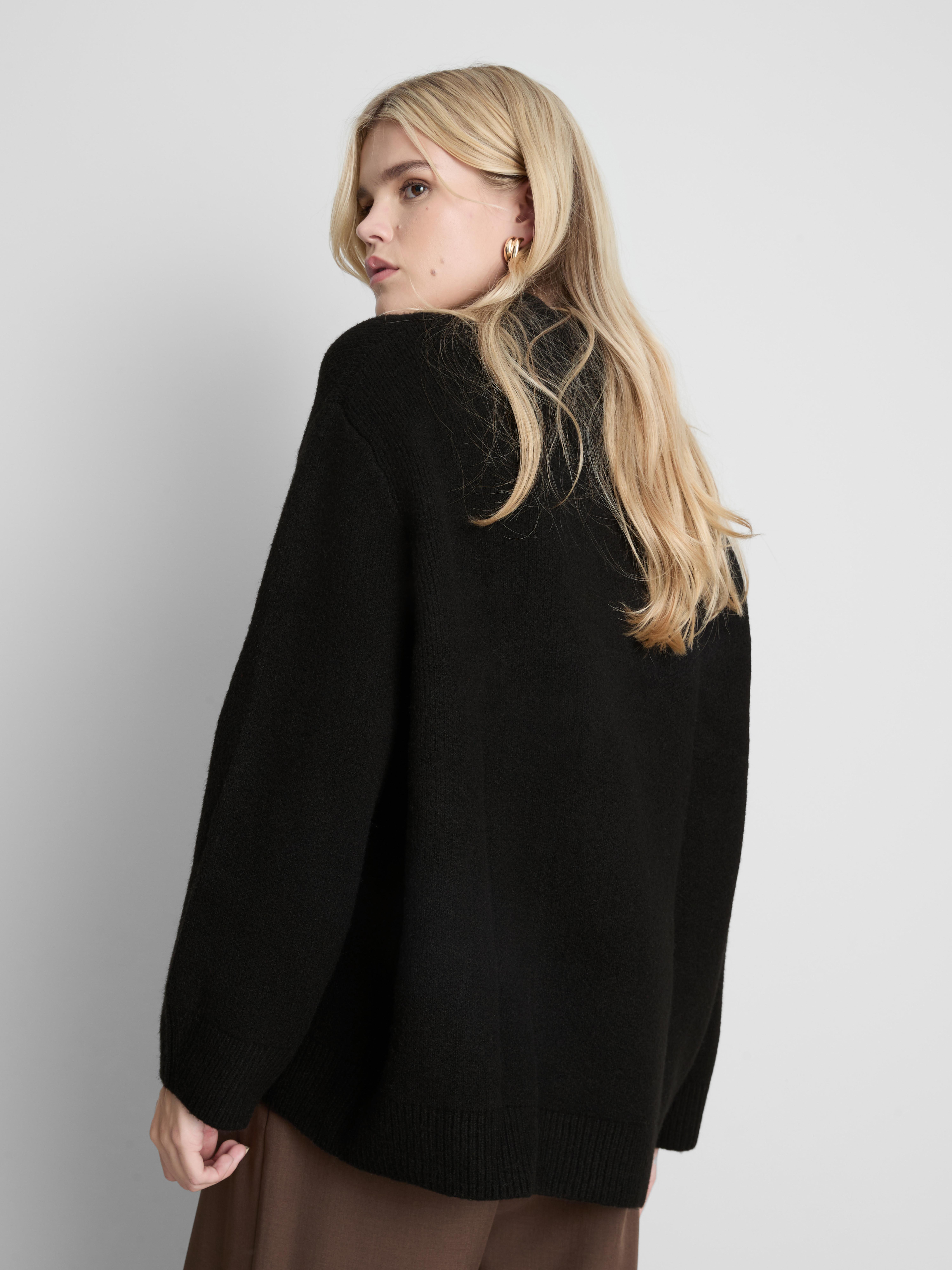 Wool Blend Oversized Crew Neck Sweater - Black