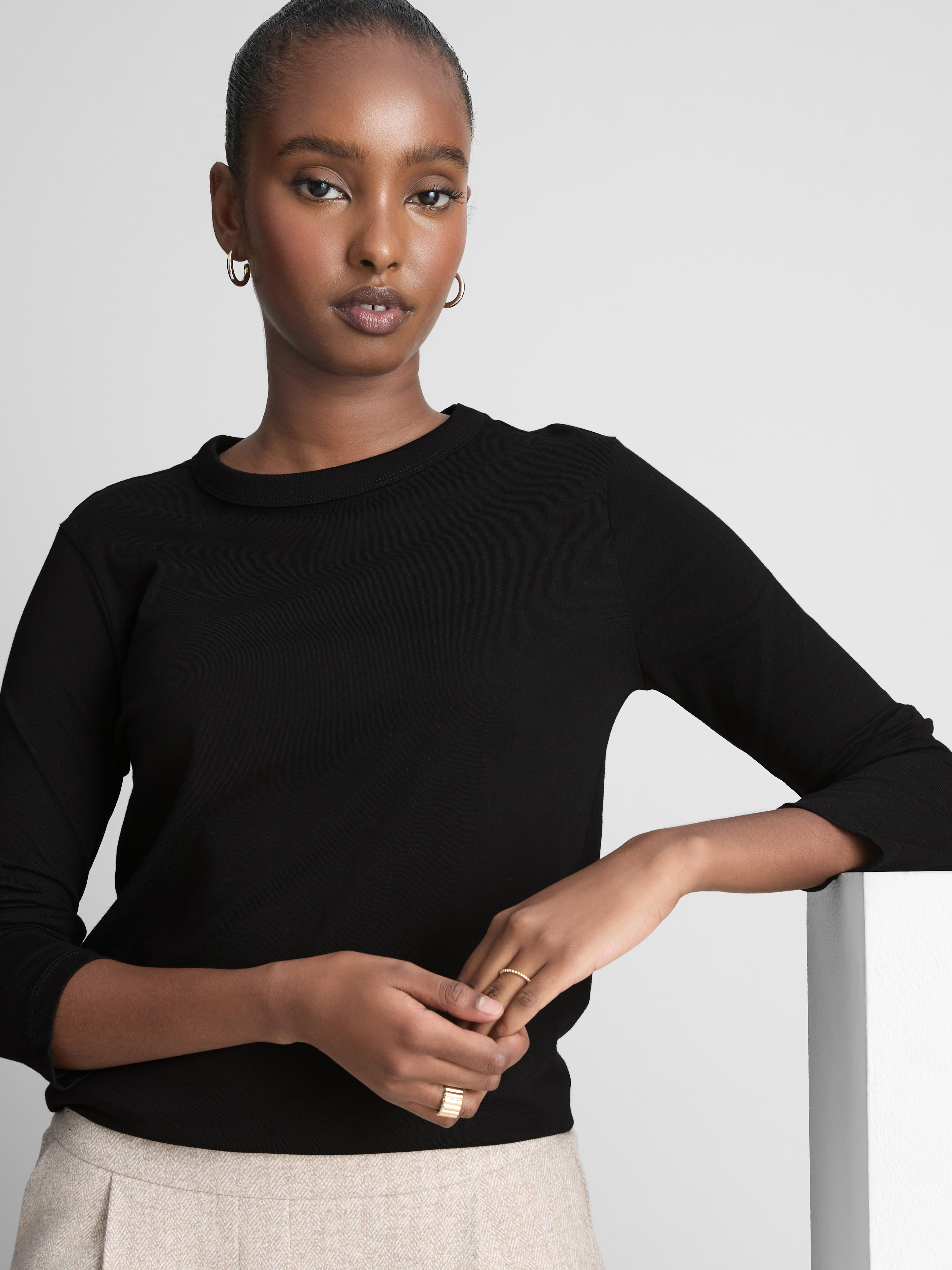 Pure Cotton Long-Sleeve Crewneck Top - Black