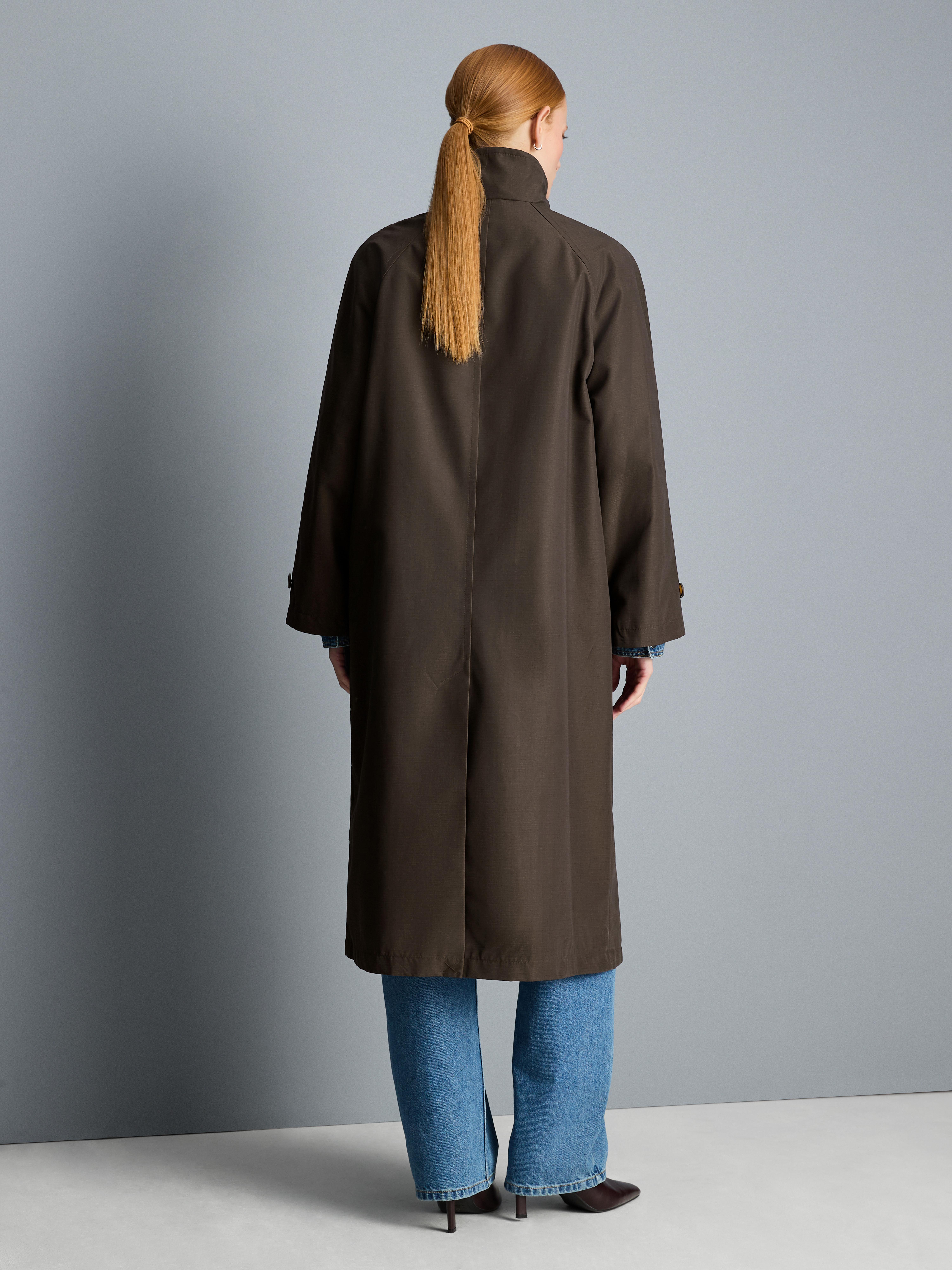 High Neckline Long Raincoat - Brown