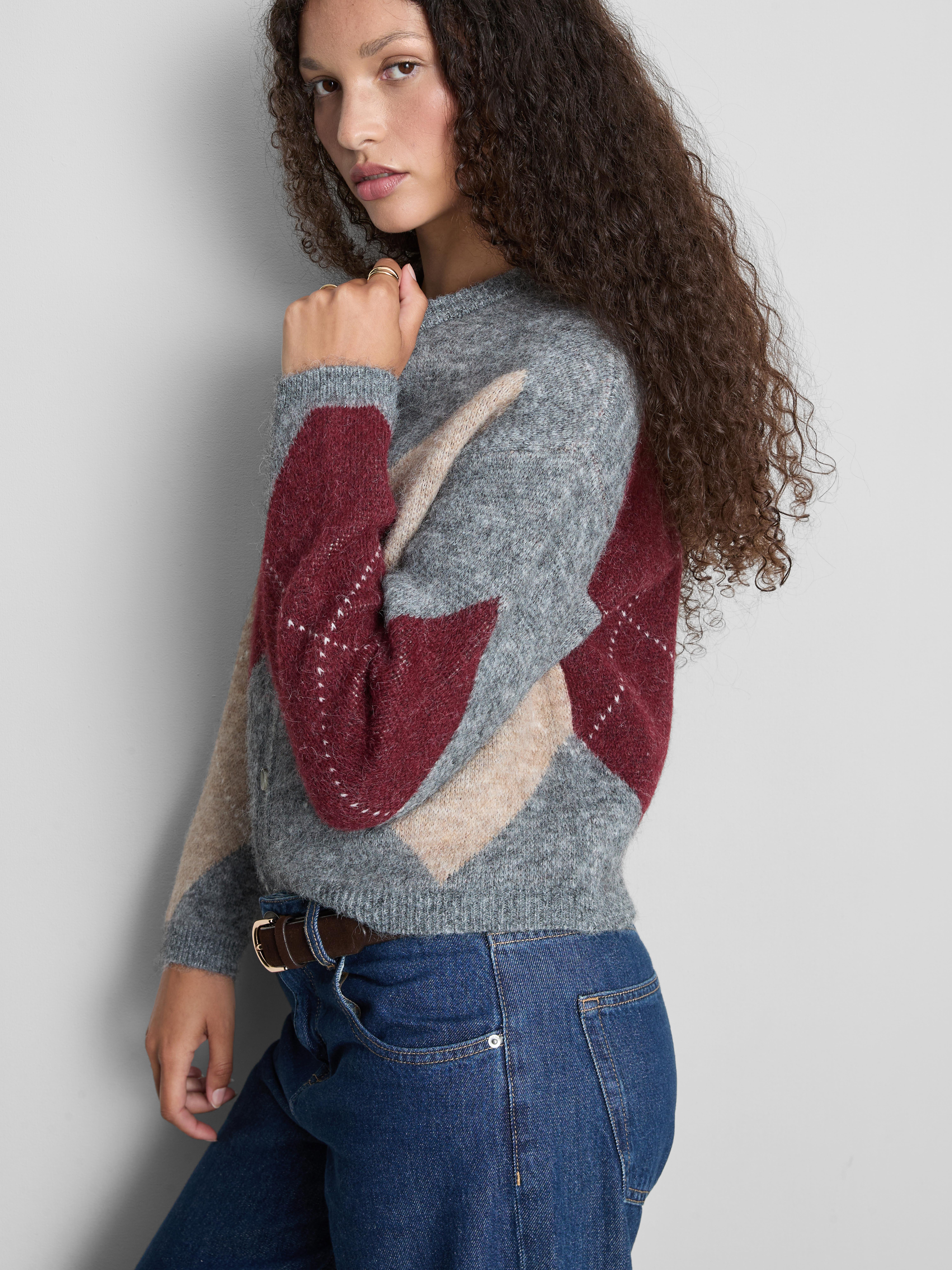The Edit Argyle Button-Up Cardigan - Gray