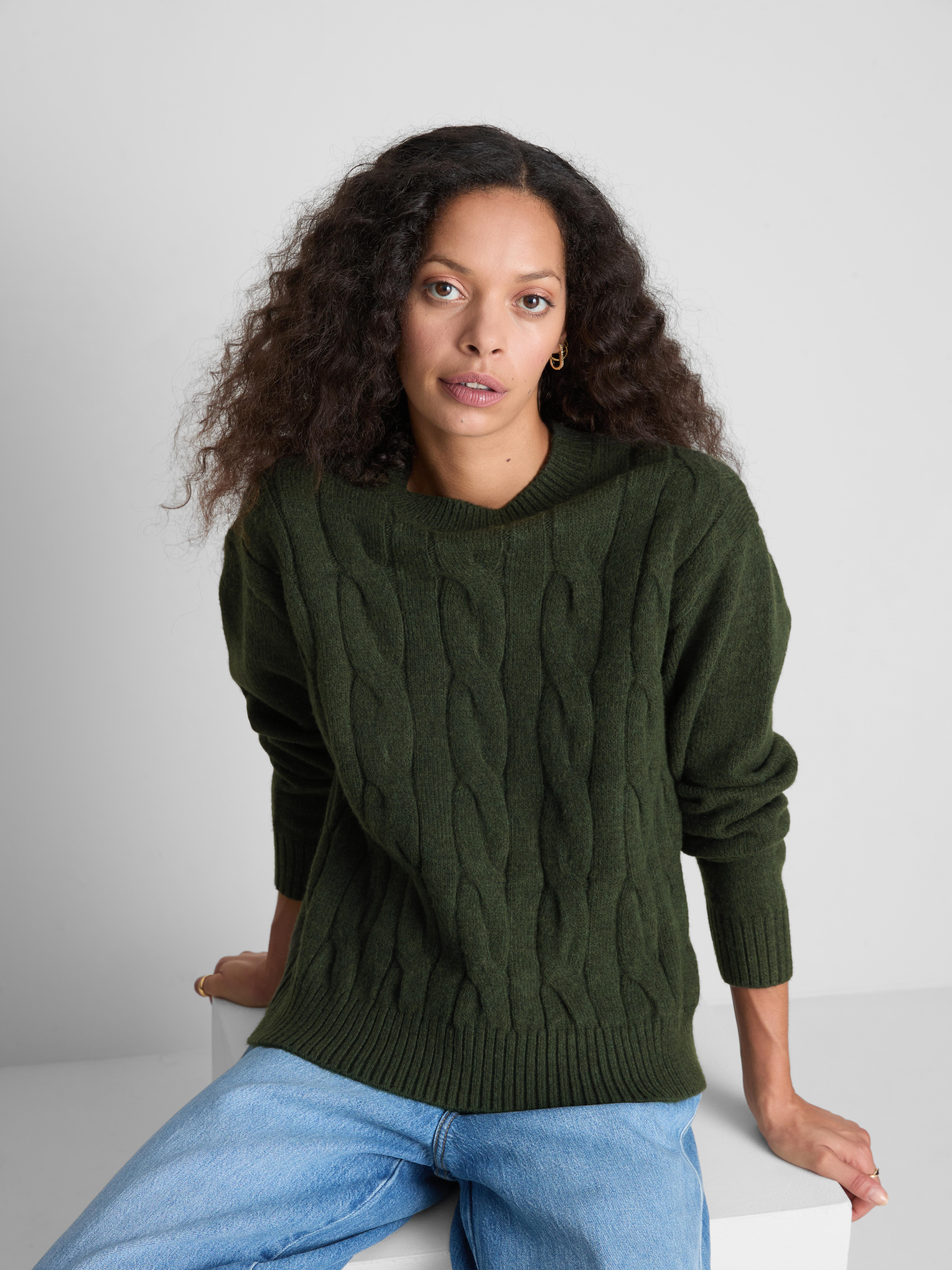 Cable Knit Crew Neck Sweater - Olive