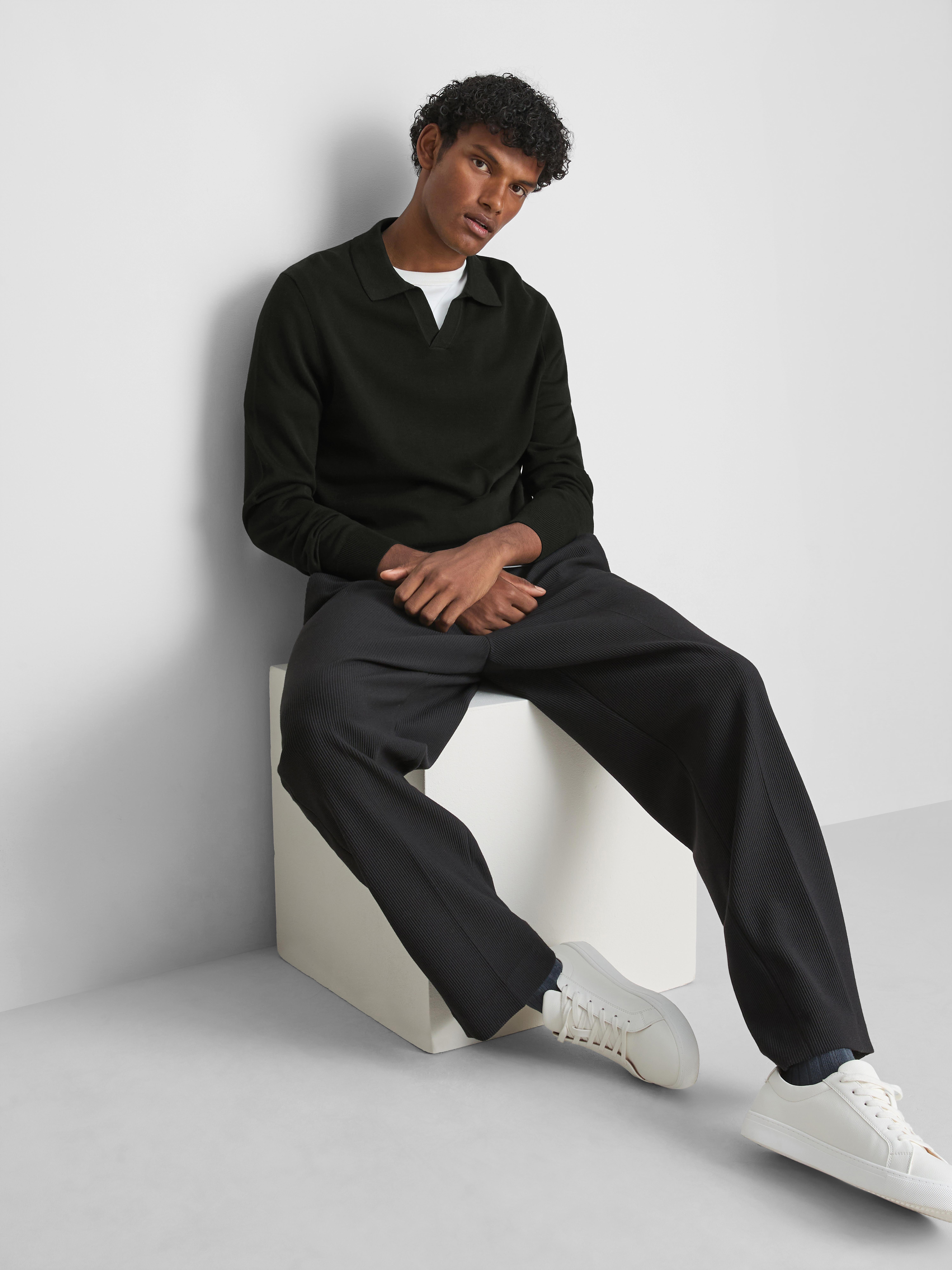 Knitted Long-Sleeve Polo Shirt - Black