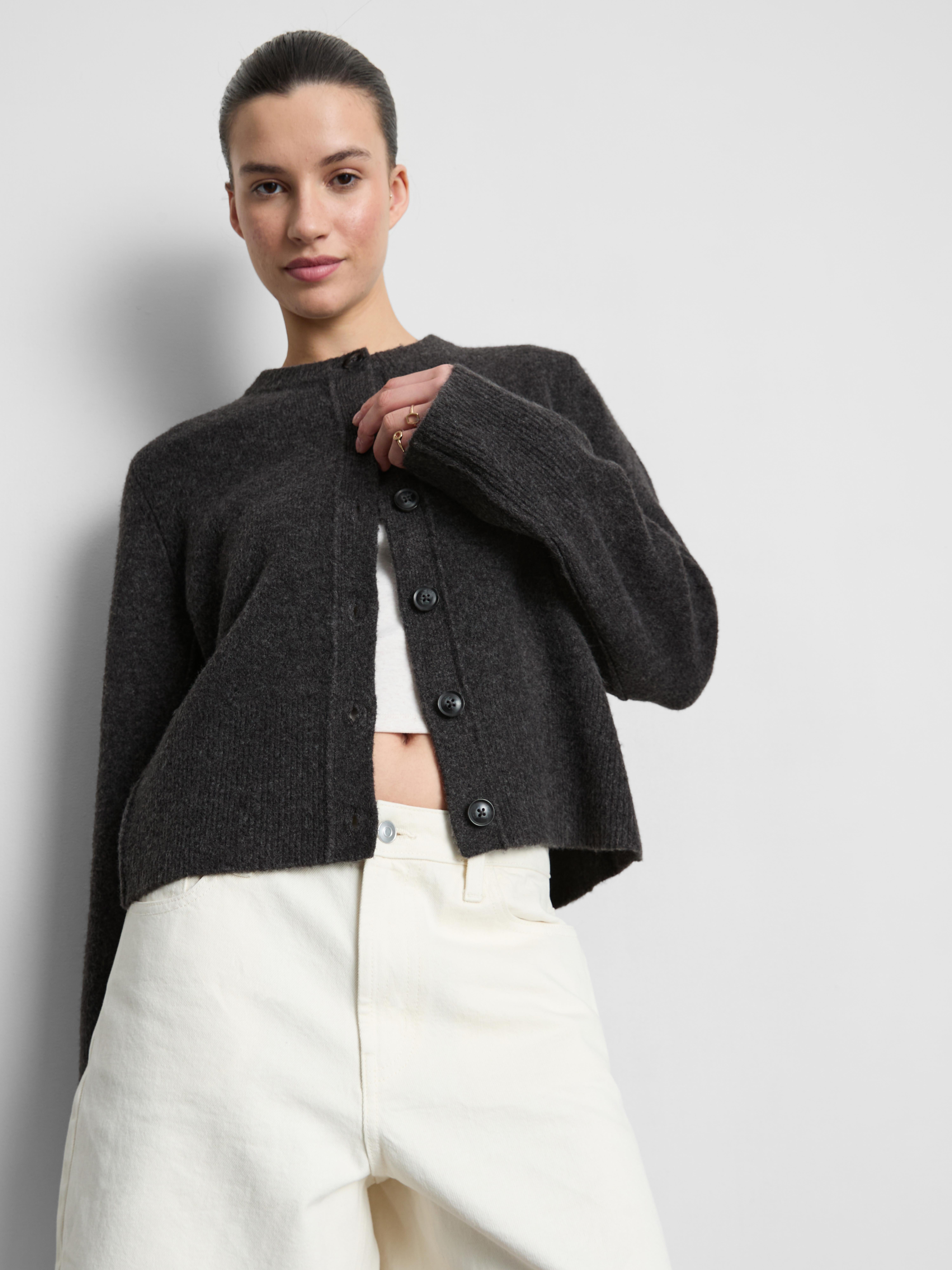 Relaxed Knitted Crew Neck Cardigan - Charcoal