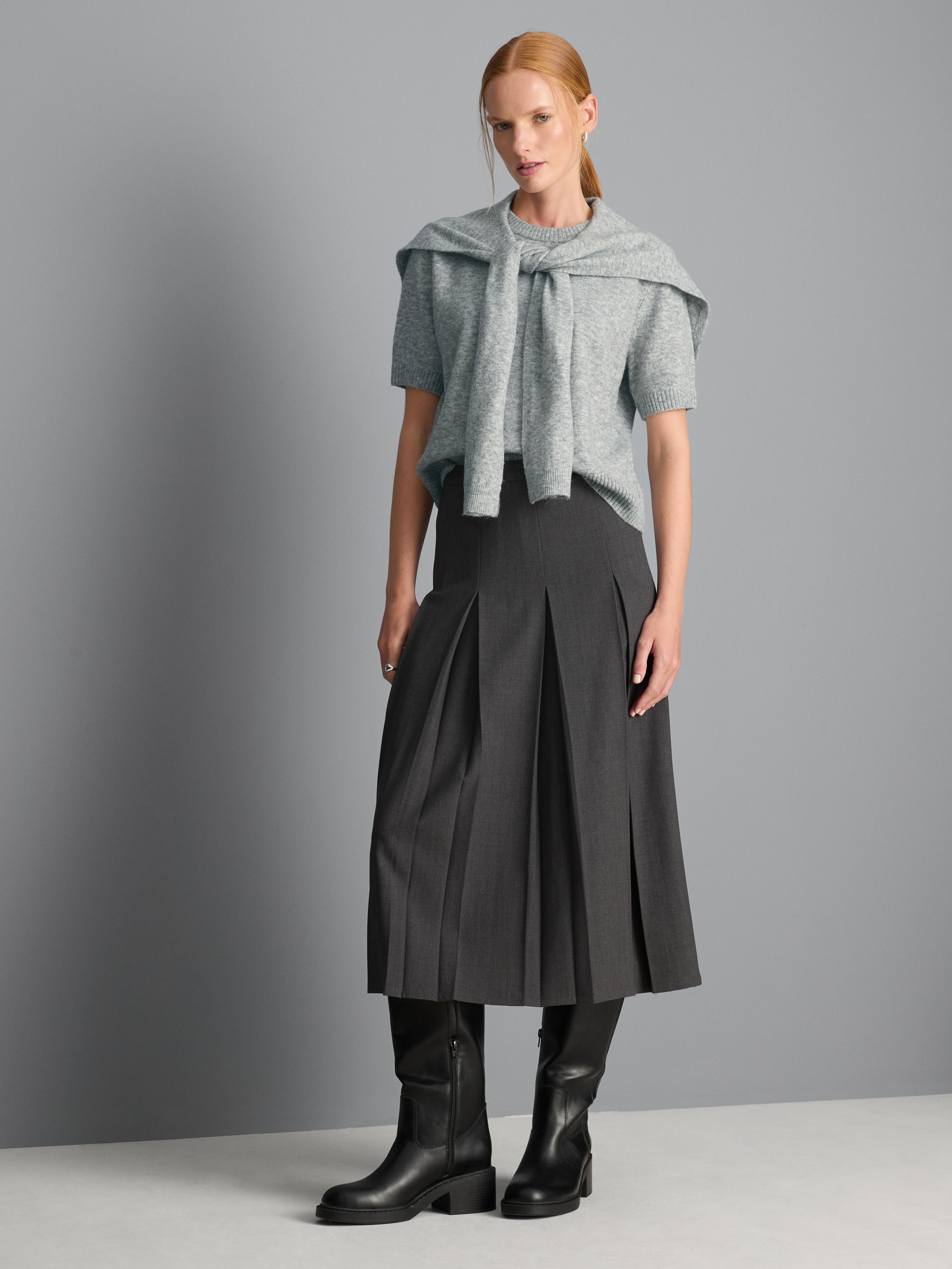 Knitted Tie Neck Tee - Light Gray