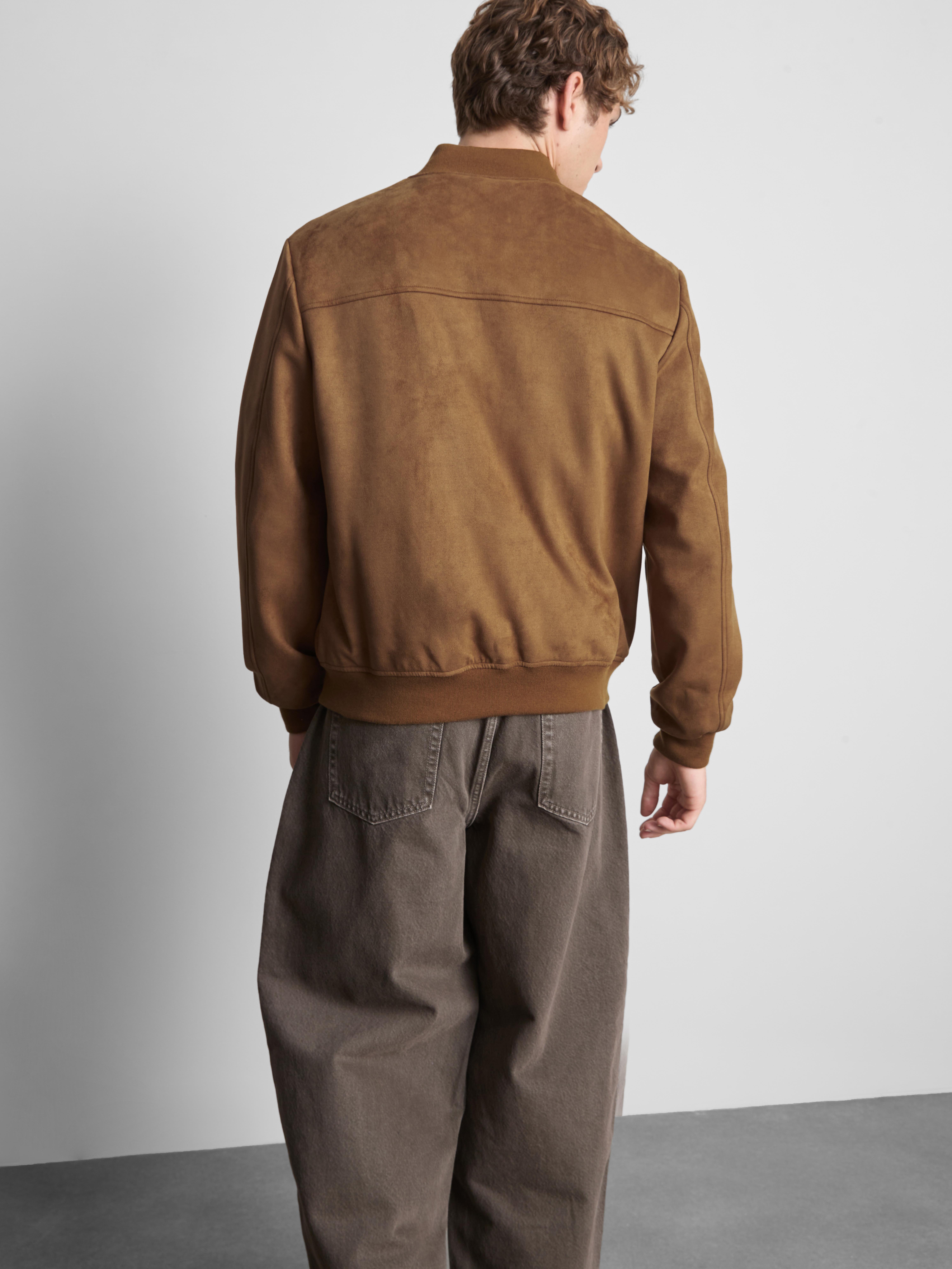 Faux Suede Zip-Up Bomber Jacket - Tobacco
