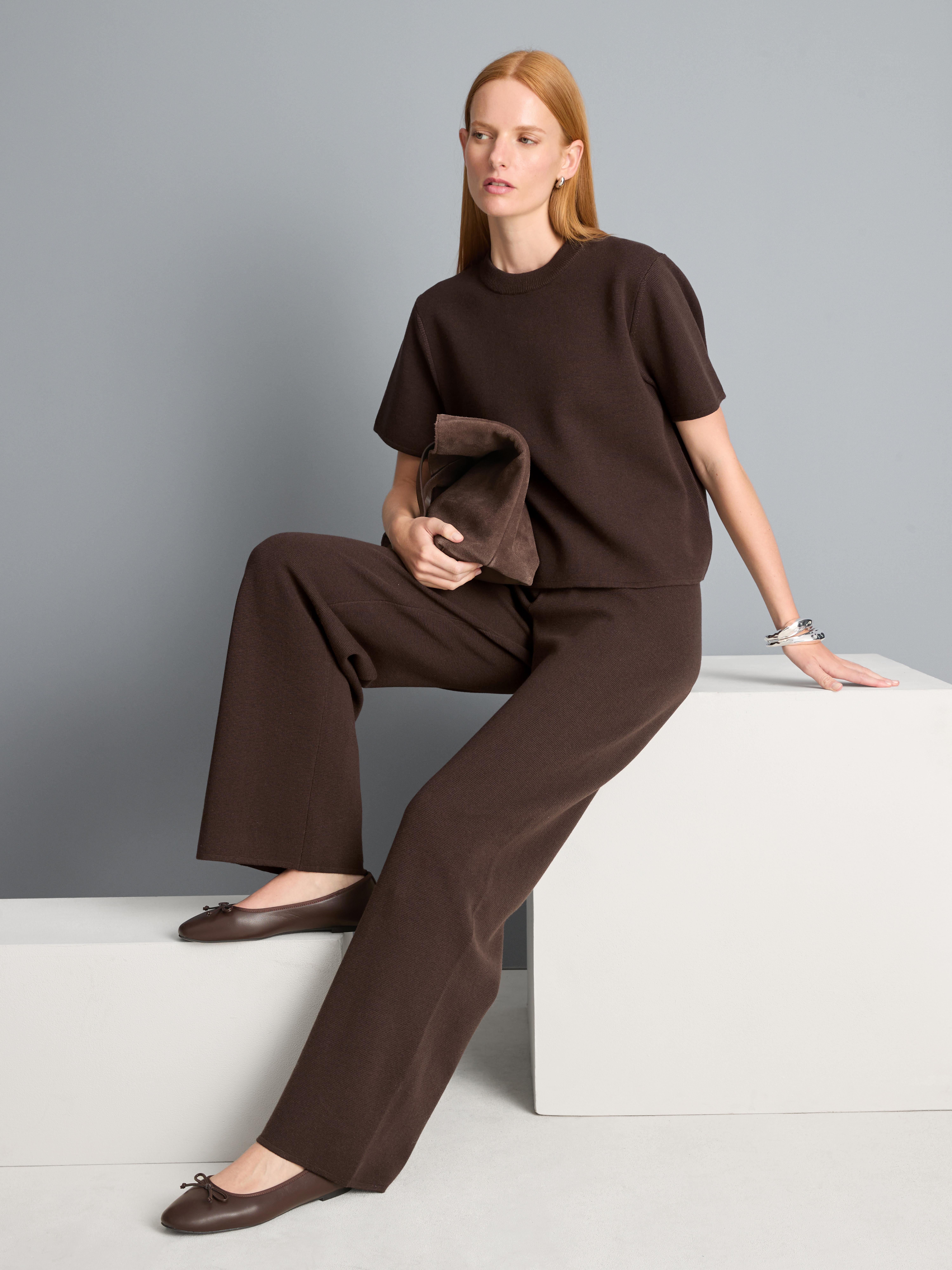 Compact Knit Wide-Leg Pants - Chocolate