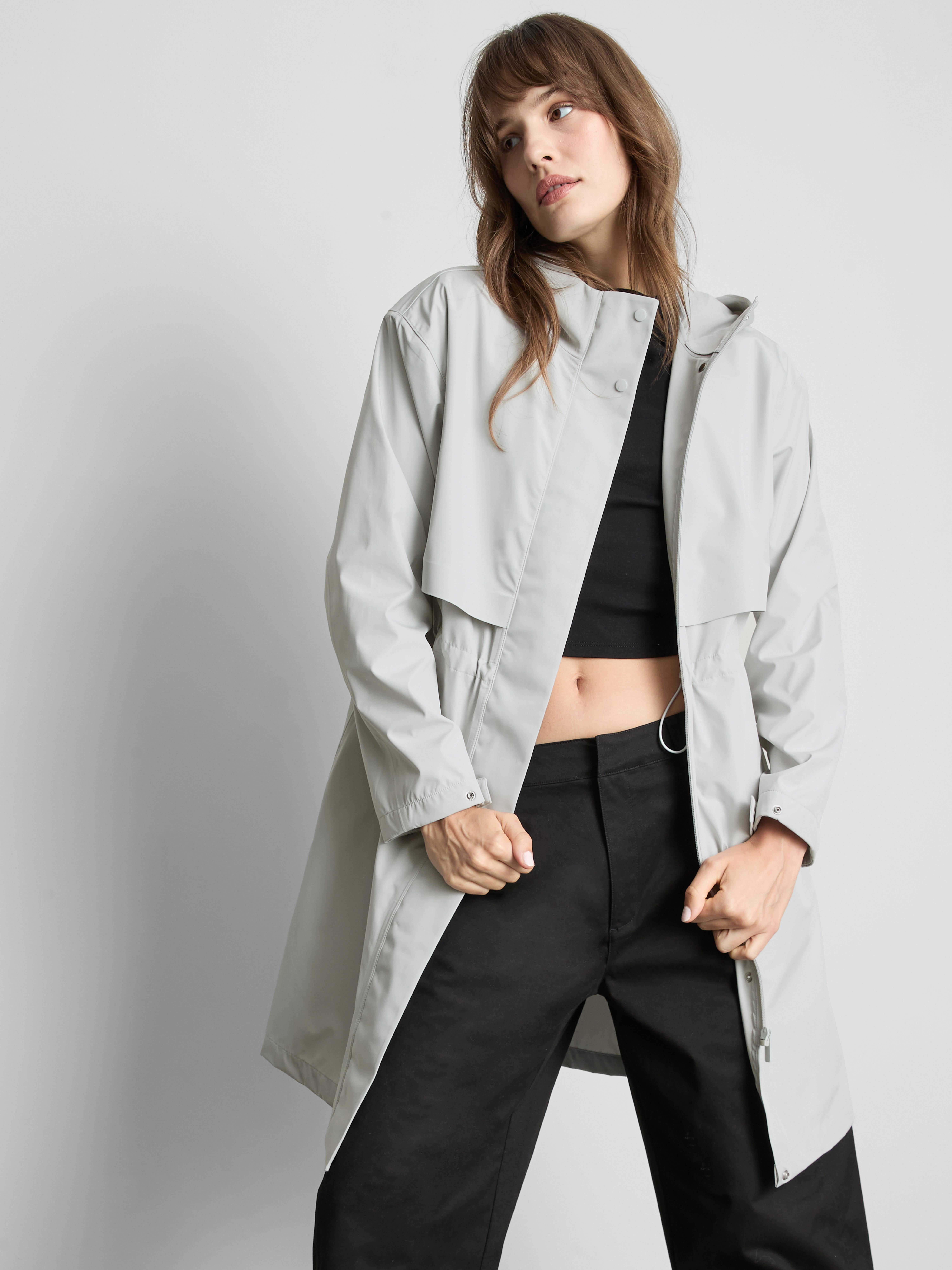 Cinch Detail Longline Raincoat - Light Gray