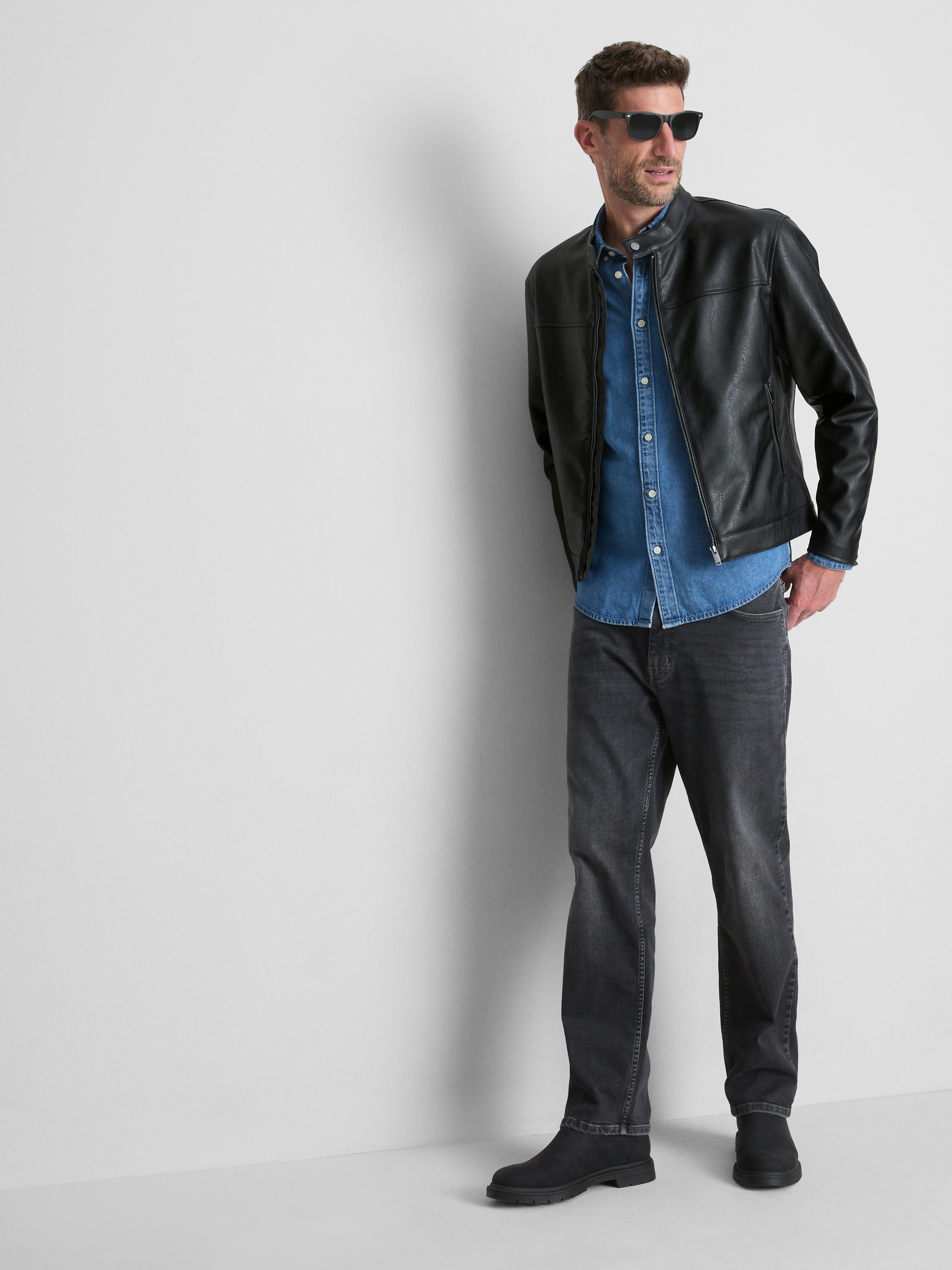 Faux Leather Zip-Up Jacket - Black