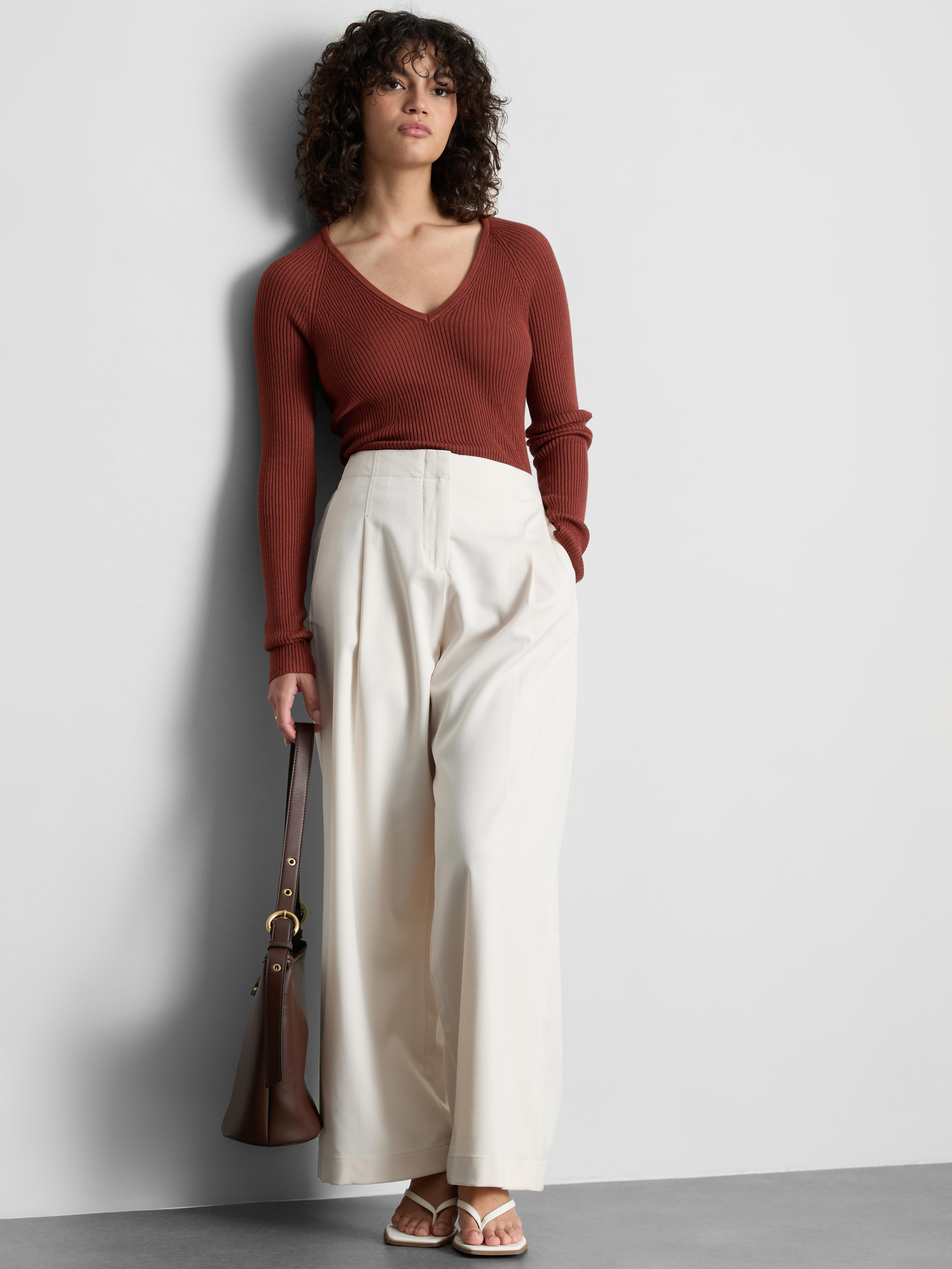 Ribbed V-Neck Sweater - Burnt Orange