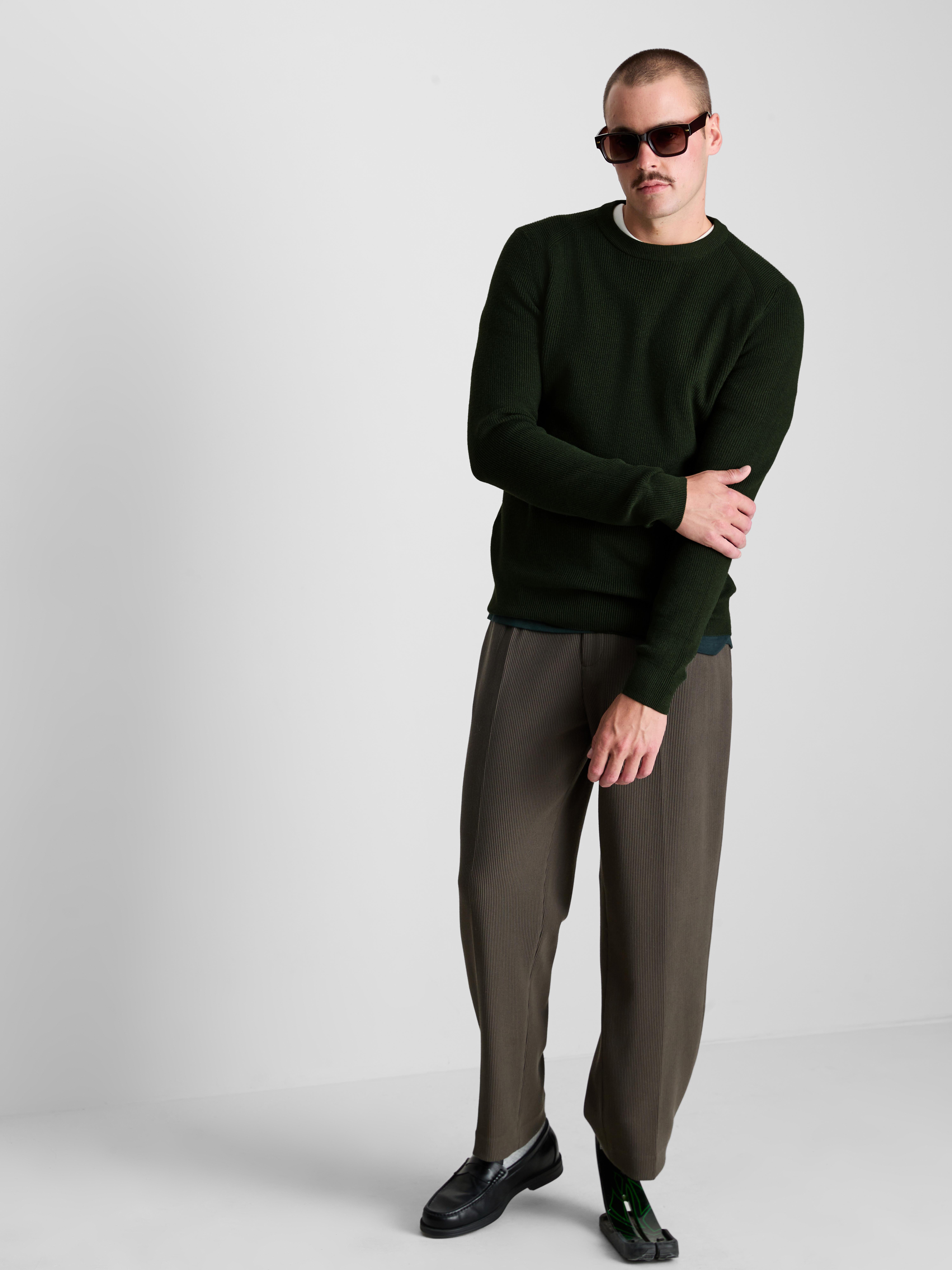 Ribbed Crewneck Sweater - Dark Green