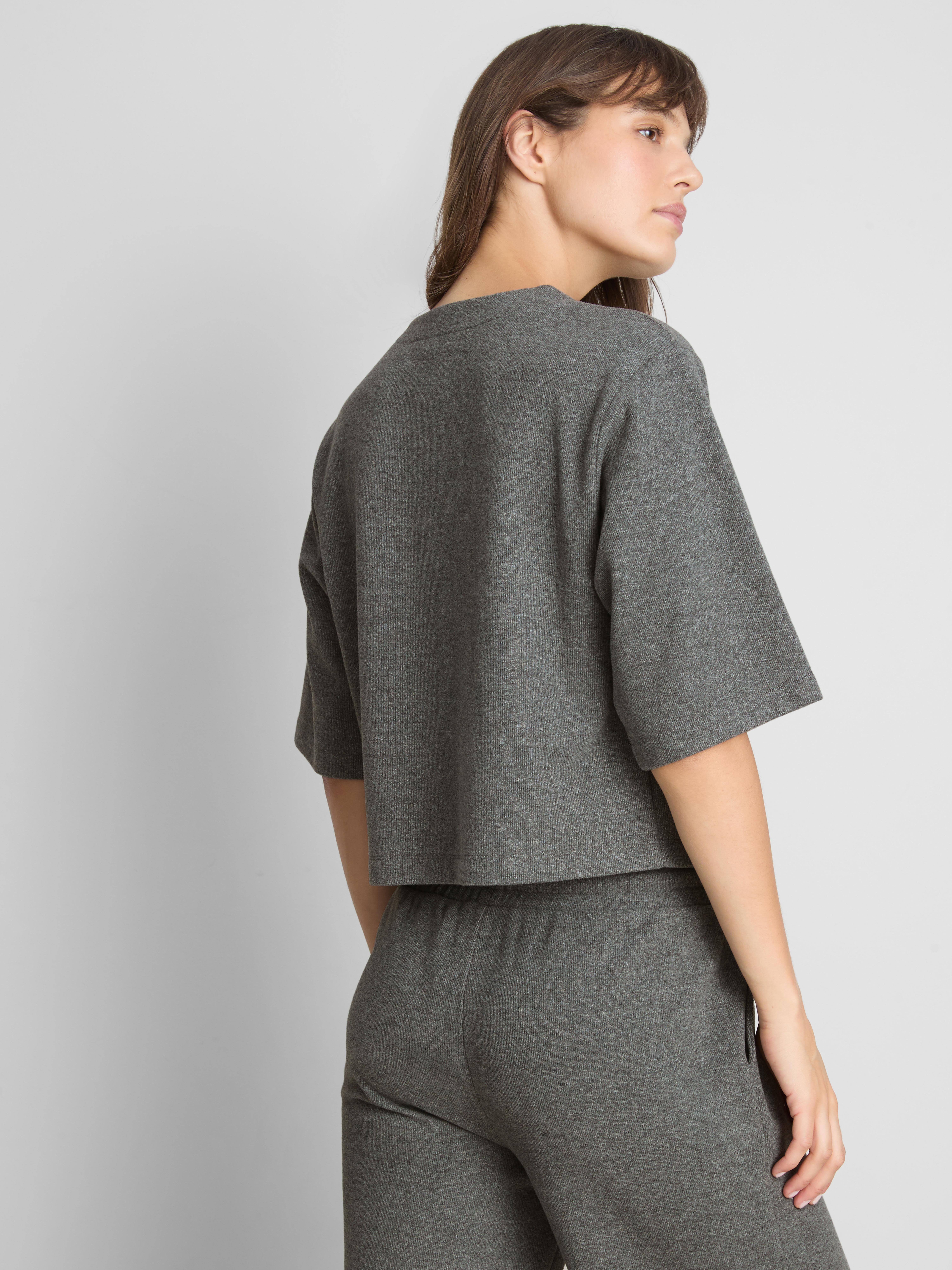 Cotton-Blend Cropped Cozy Short-Sleeve Cardigan - Gray Heather