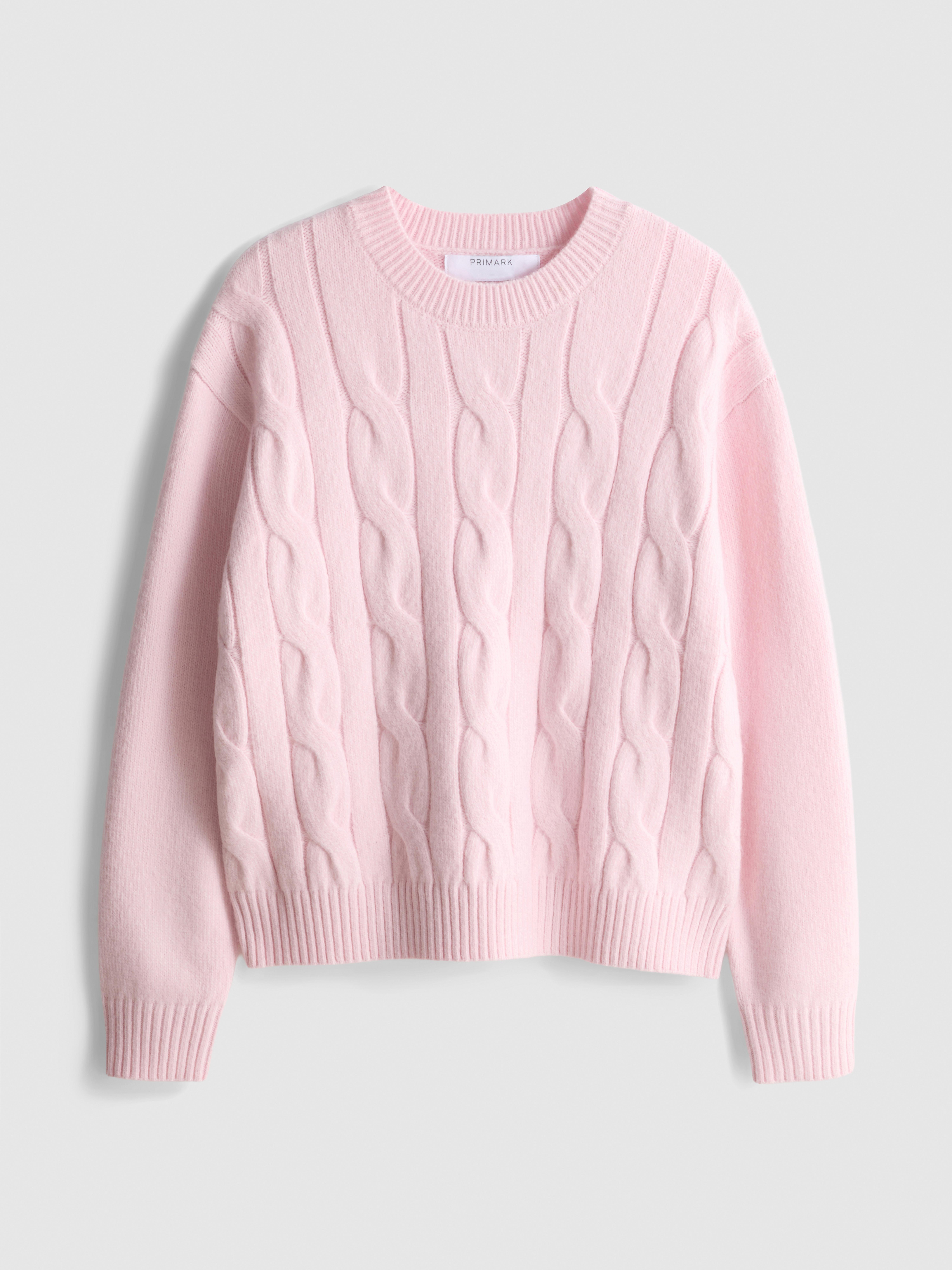 Cable Knit Crew Neck Sweater - Light Pink