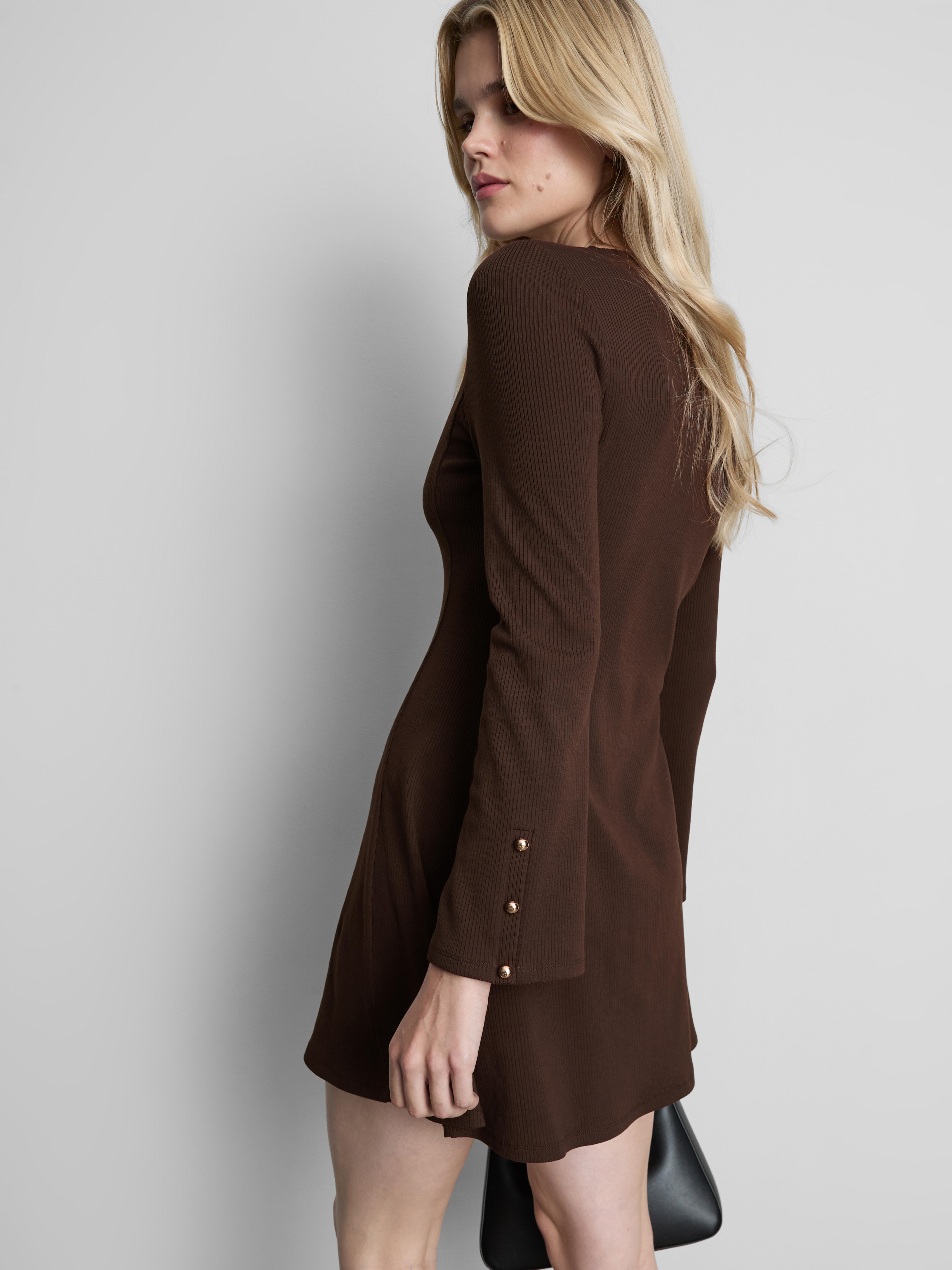 Ribbed A-Line Mini Dress - Chocolate