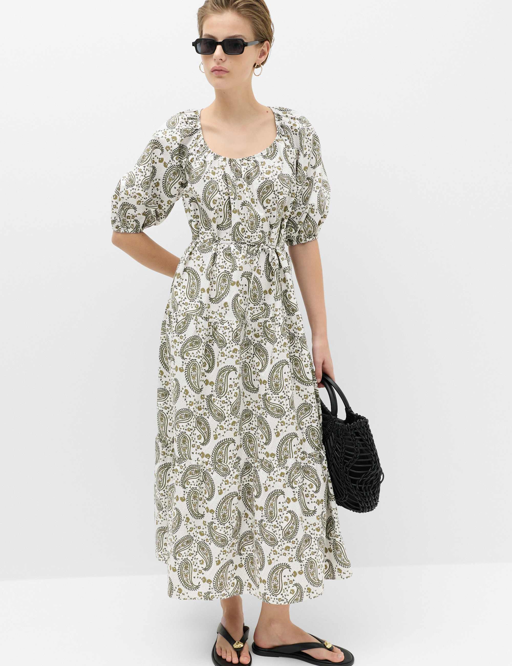 Pure Cotton Printed Midi Waisted Dress