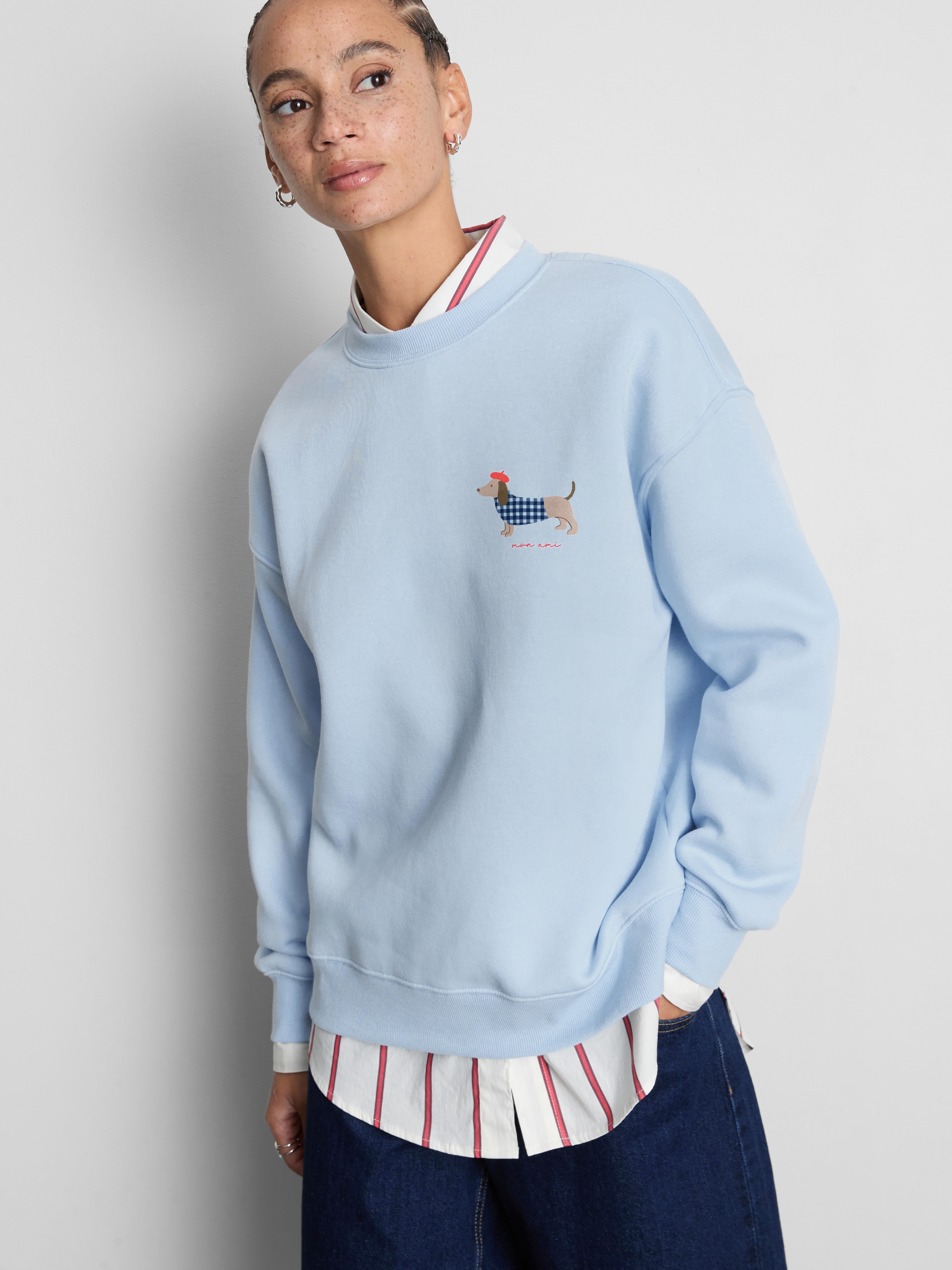 Cotton Blend Relaxed Graphic Sweatshirt - Light Blue
