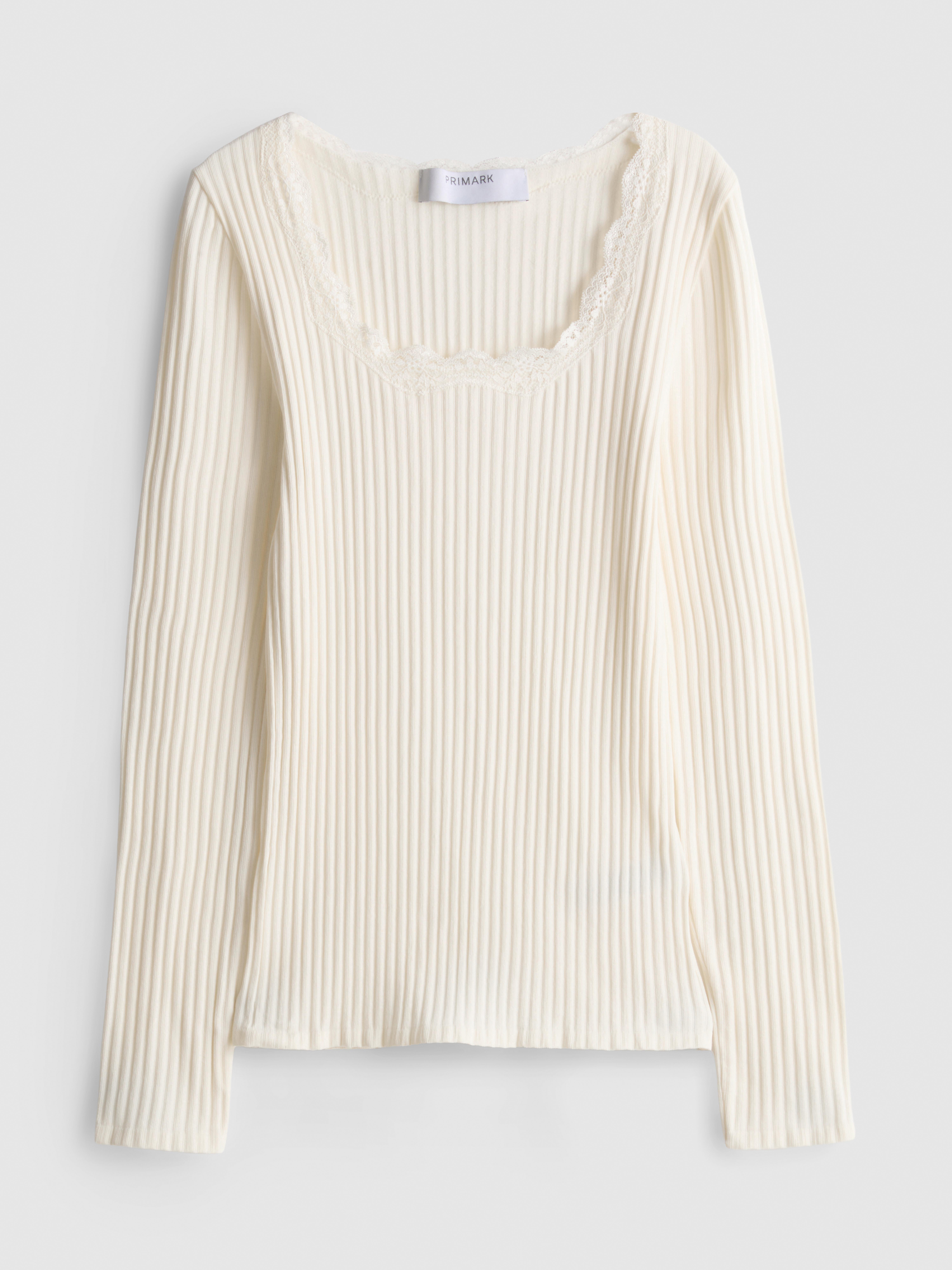 Ribbed Long-Sleeve Squareneck Top - Cream