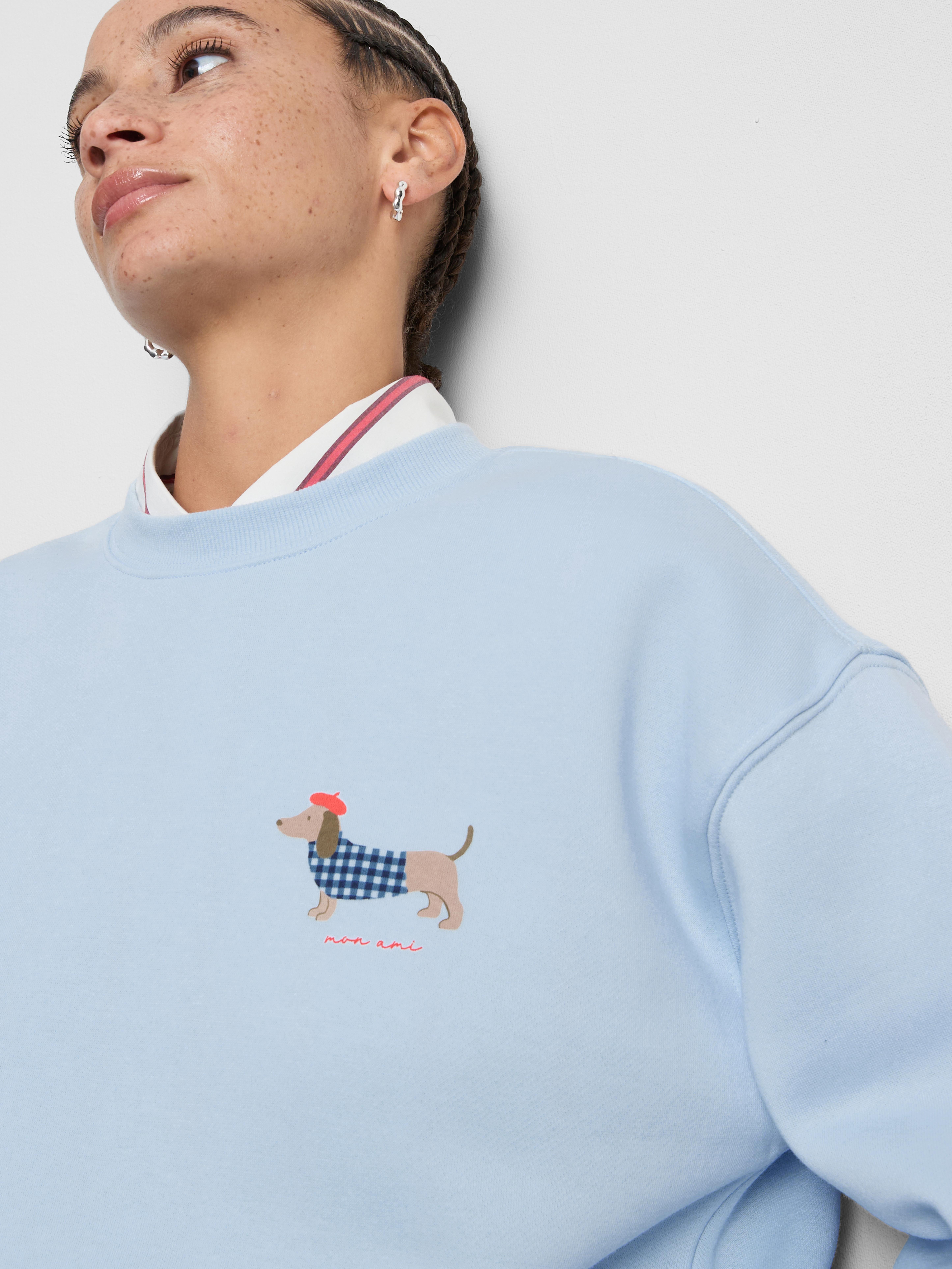 Cotton Blend Relaxed Graphic Sweatshirt - Light Blue