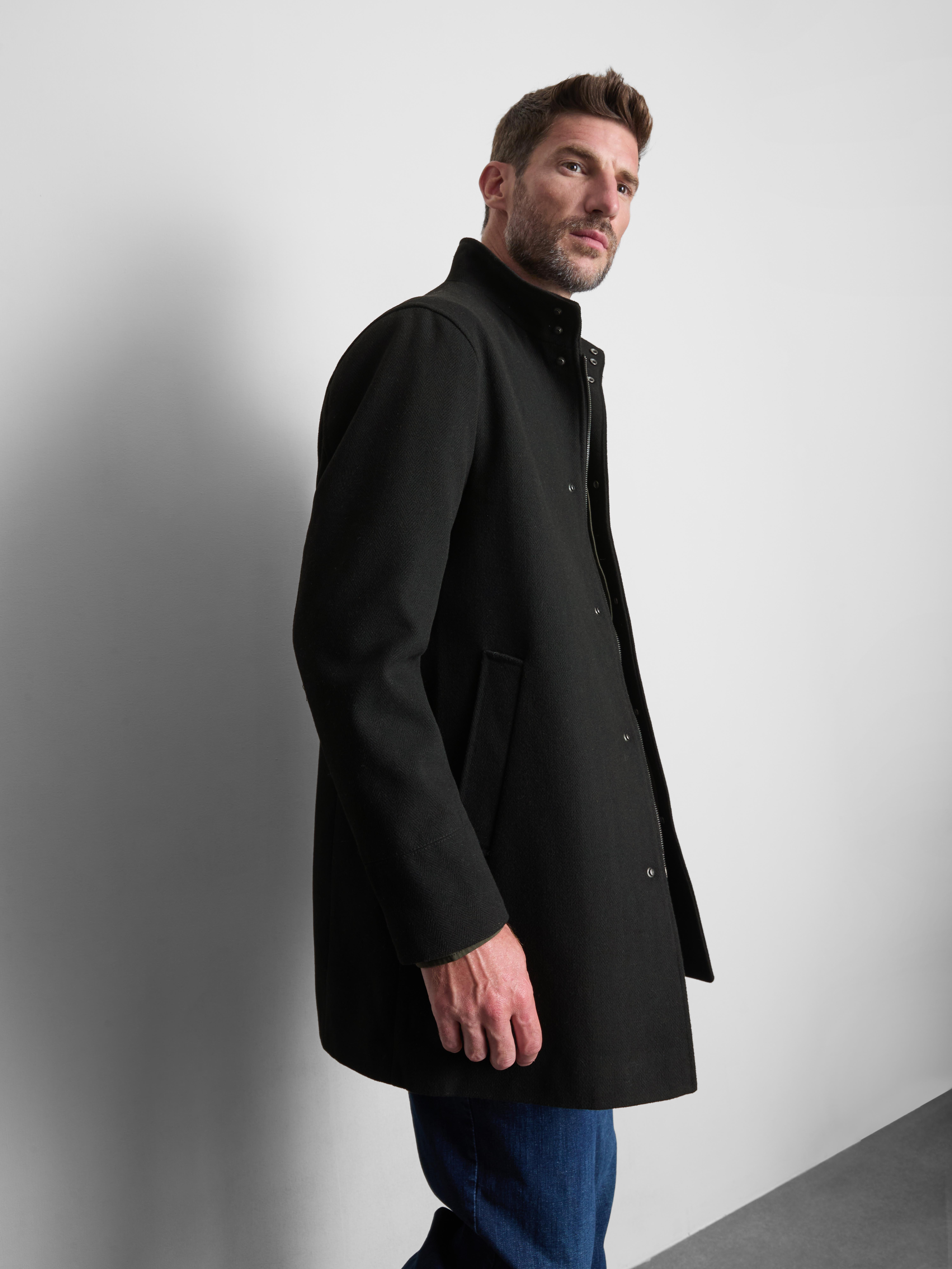 High-Neck Longline Coat - Black