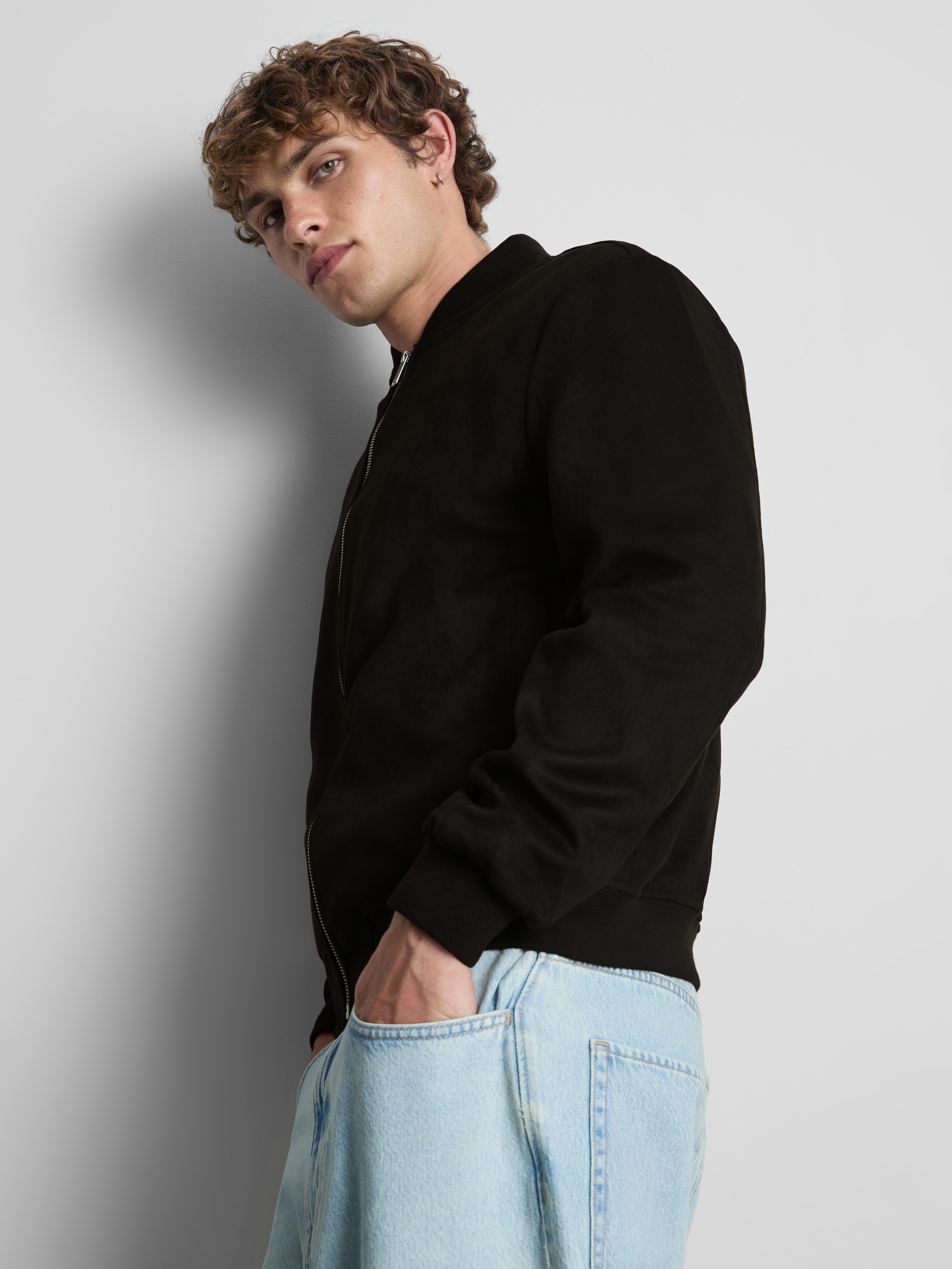 Faux Suede Zip-Up Bomber Jacket - Black