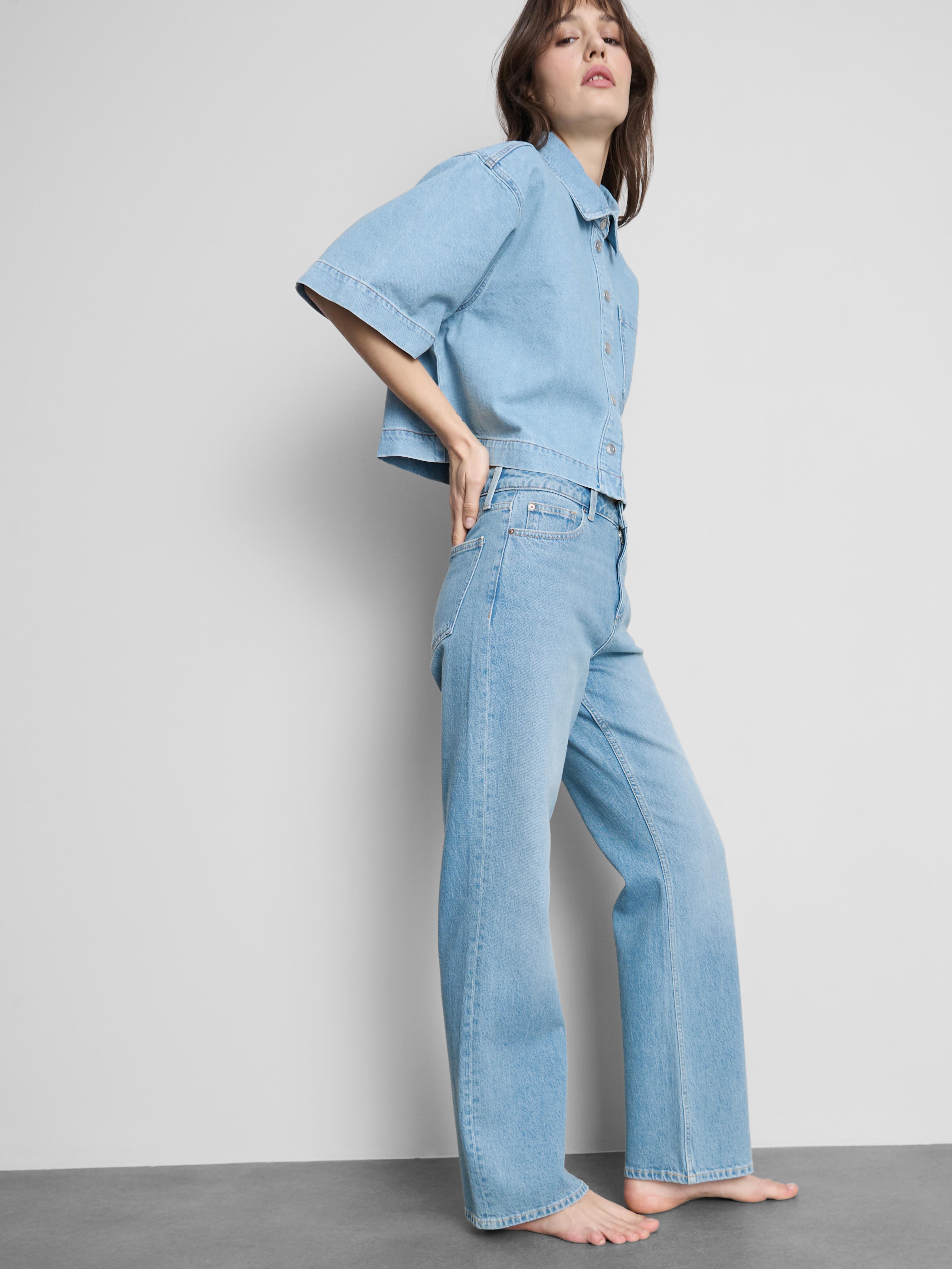 Cotton Denim Straight Leg Jeans - Blue