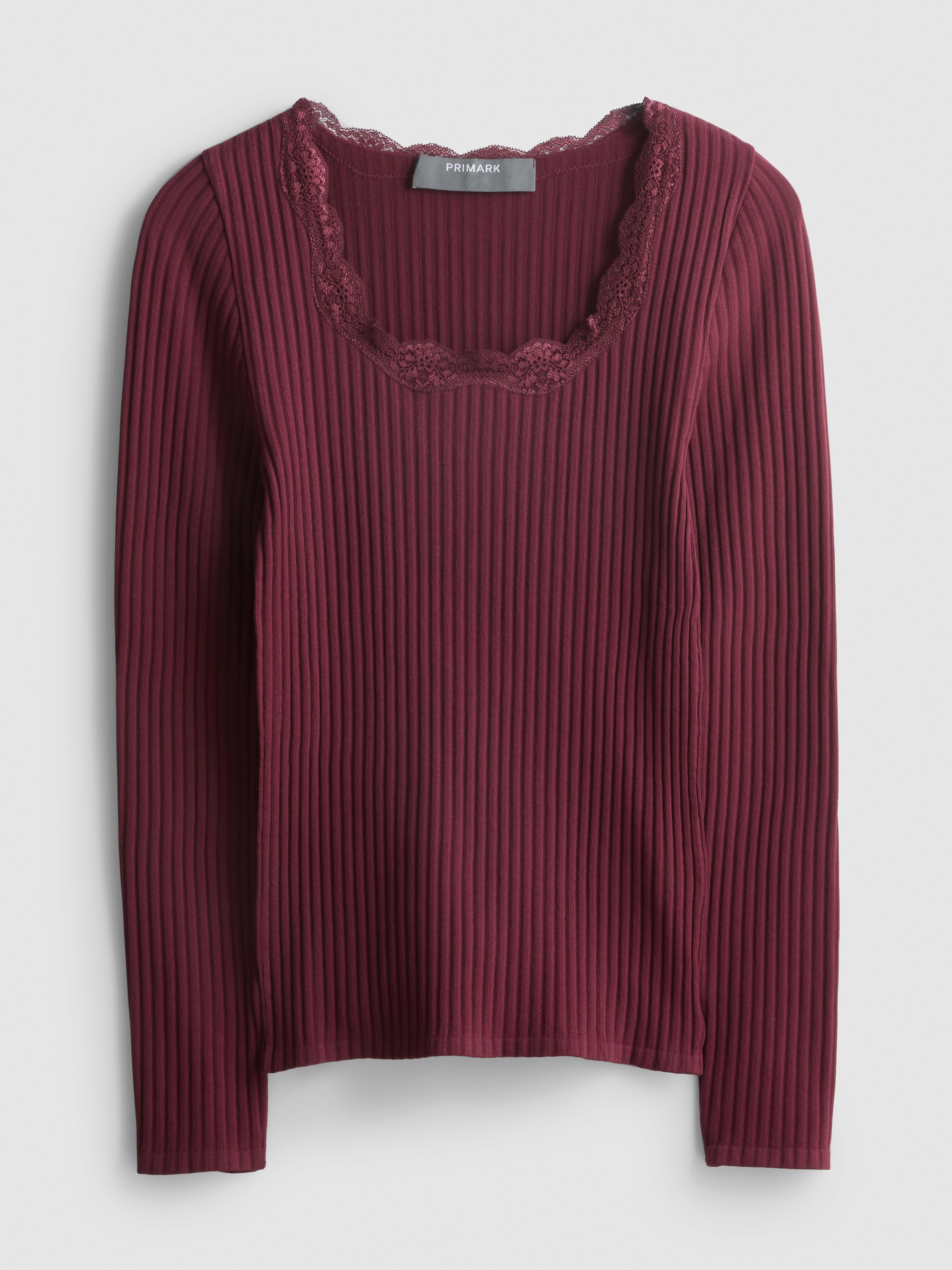 Ribbed Long-Sleeve Squareneck Top - Burgundy
