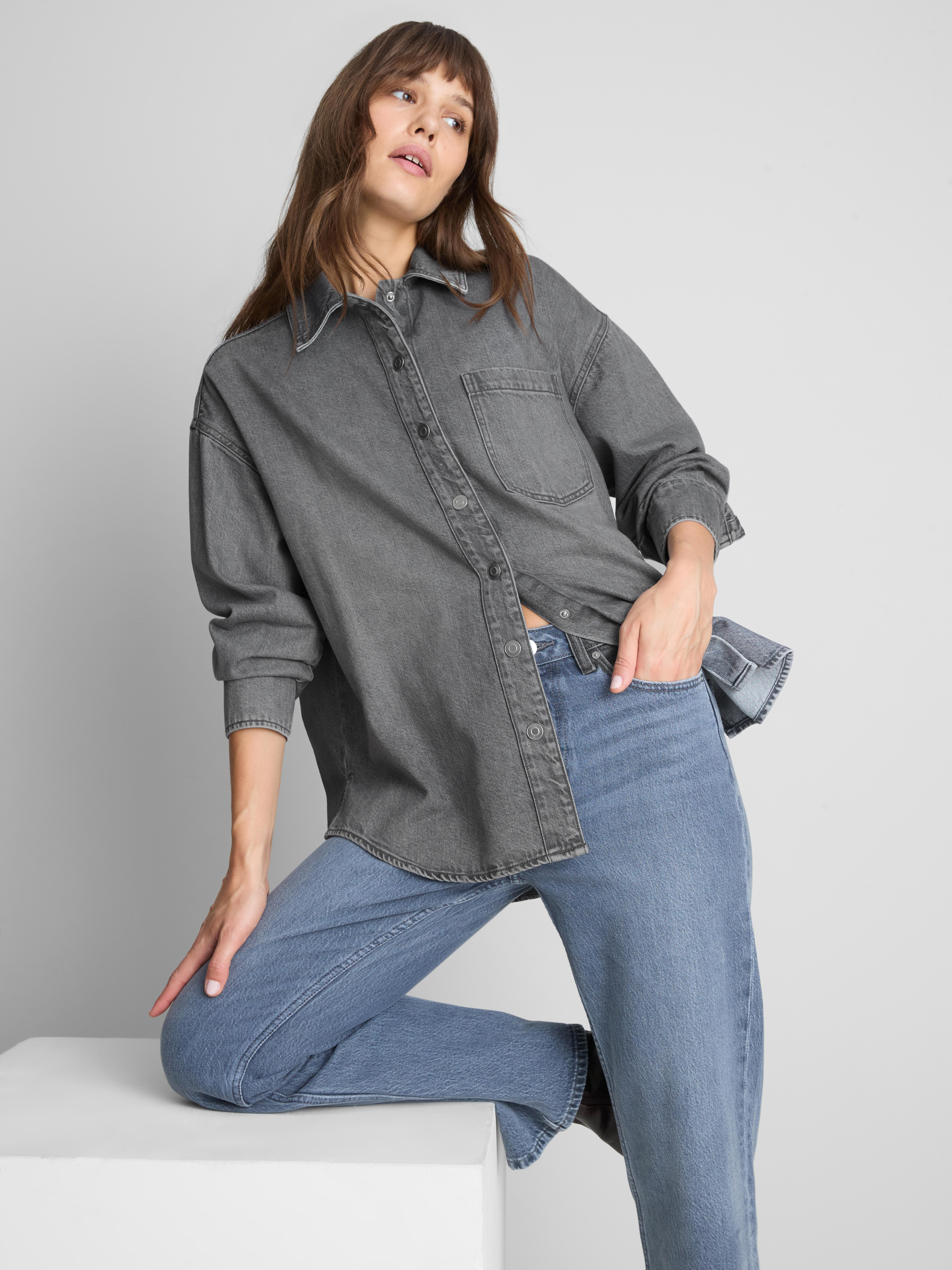 Relaxed Cotton Denim Button-Up Shirt - Gray