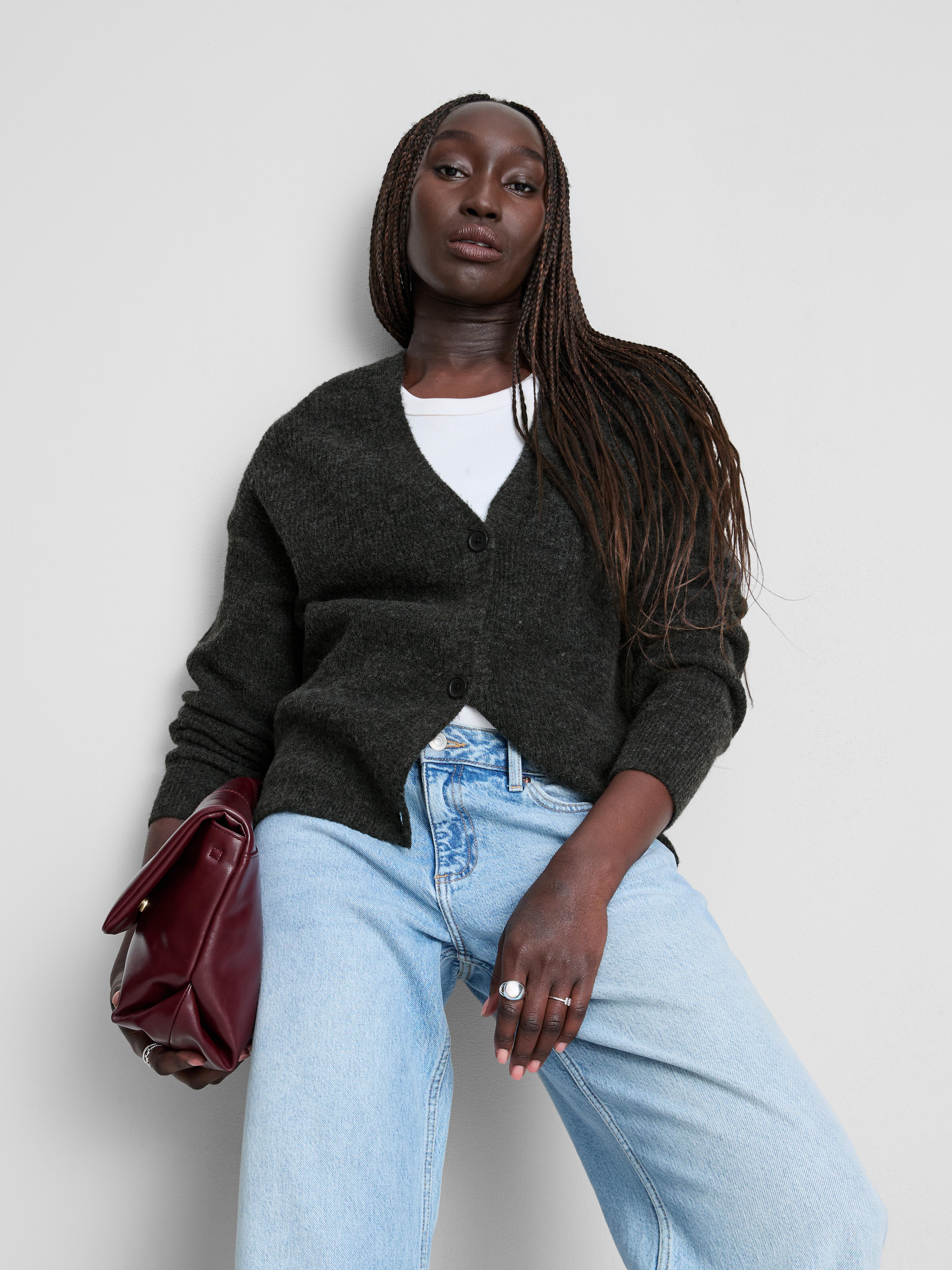 Soft Rib V-Neck Cardigan - Charcoal