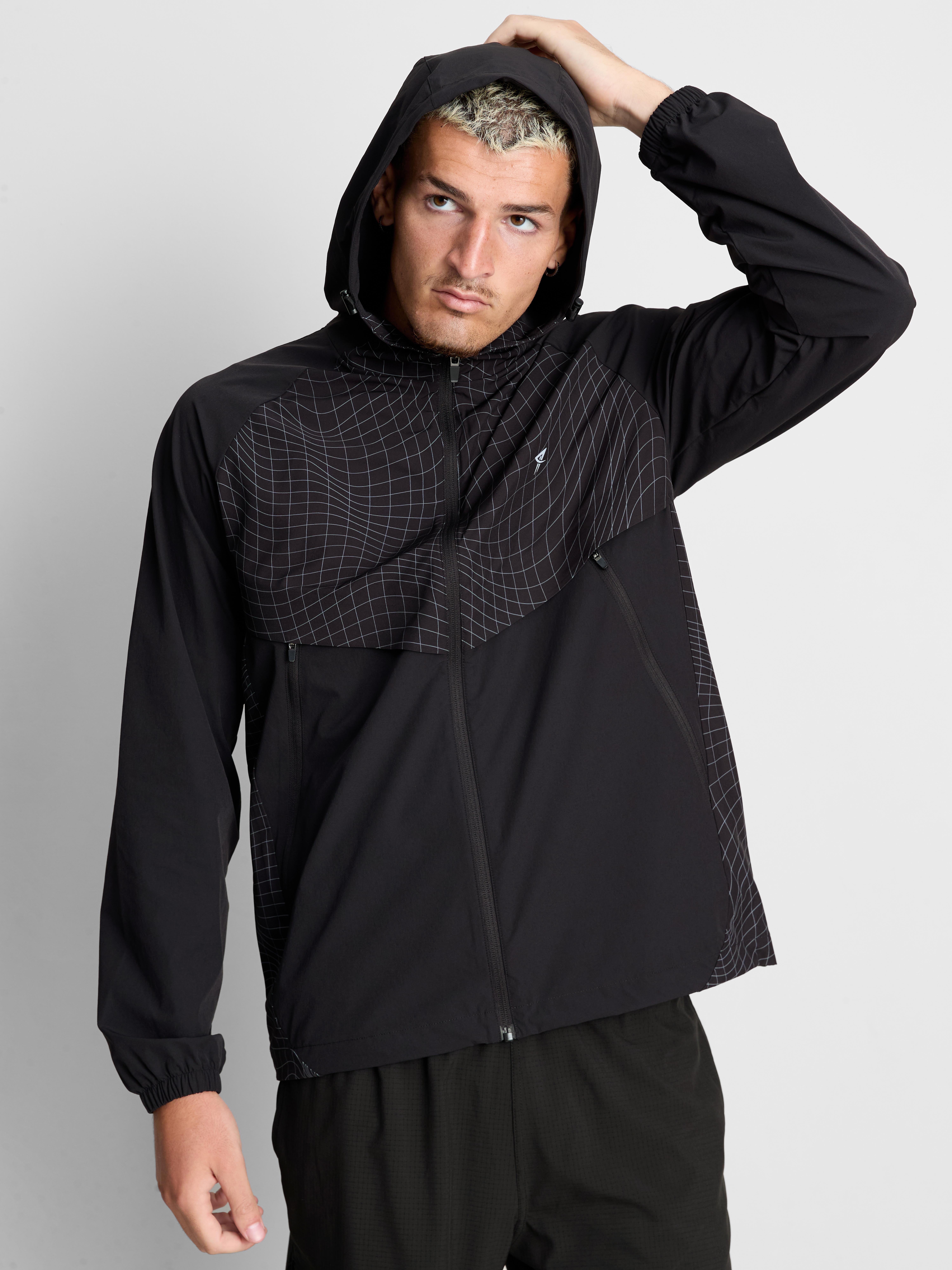 Grid Panel Zip-Up Hooded Jacket - Black