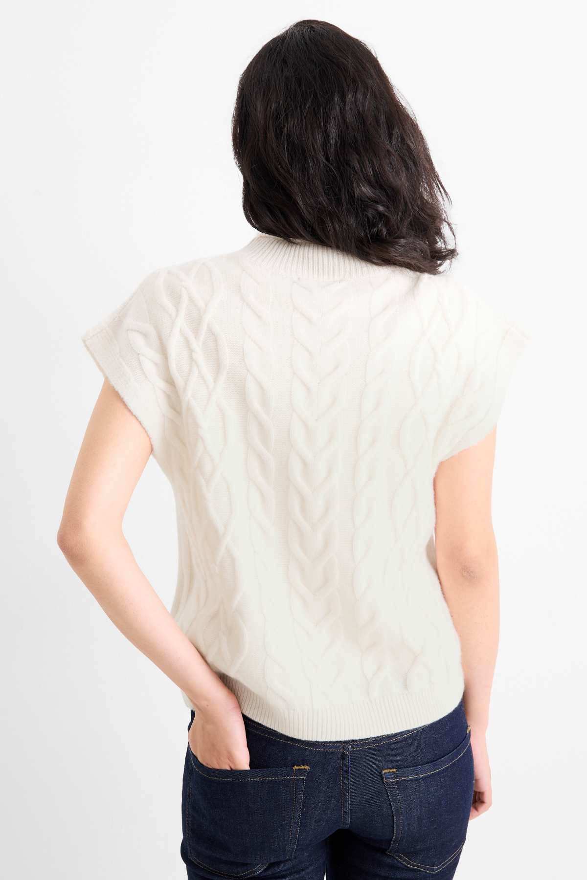 Knitted jumper with cashmere content - short sleeve - wool blend - cremewhite