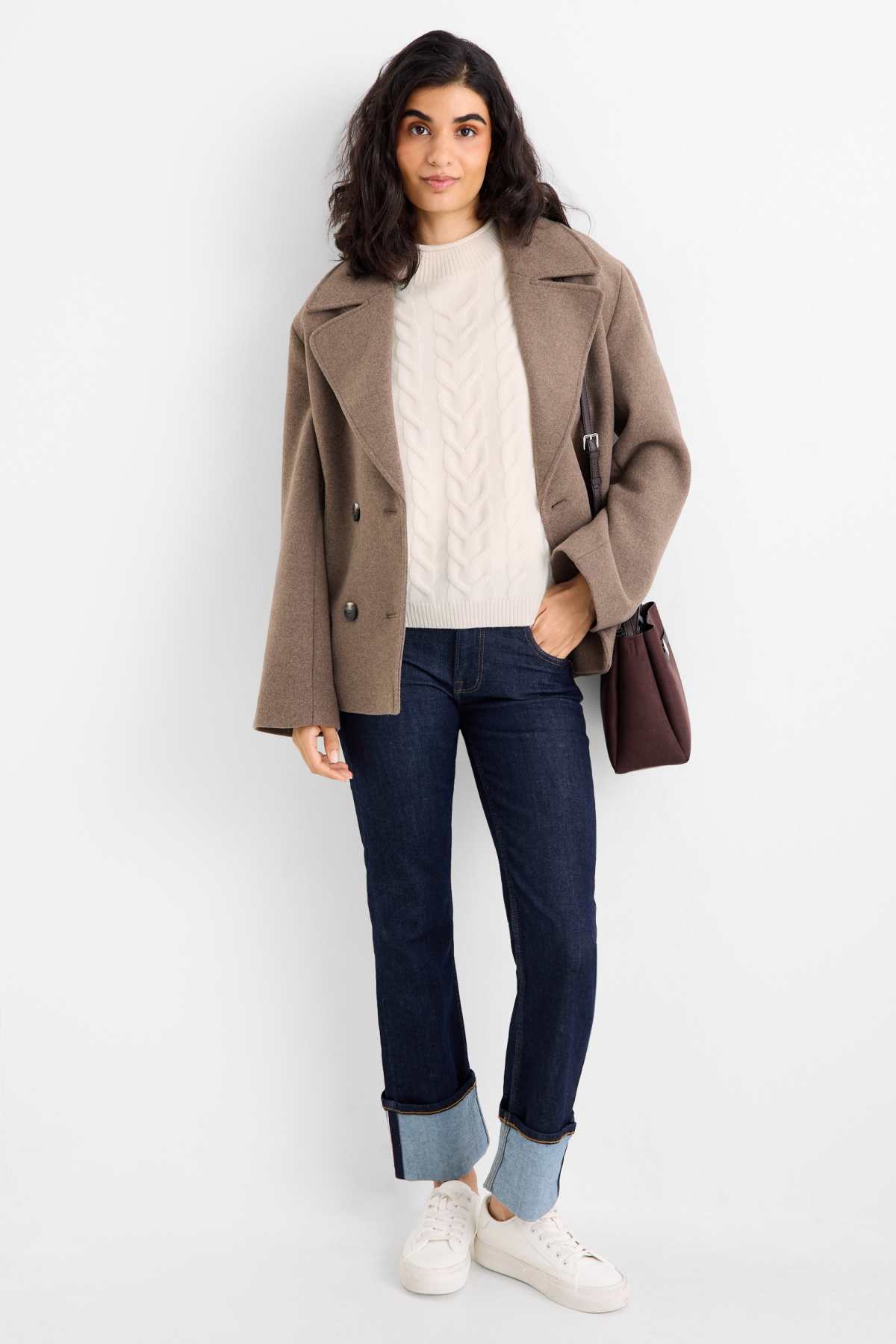 Knitted jumper with cashmere content - short sleeve - wool blend - cremewhite