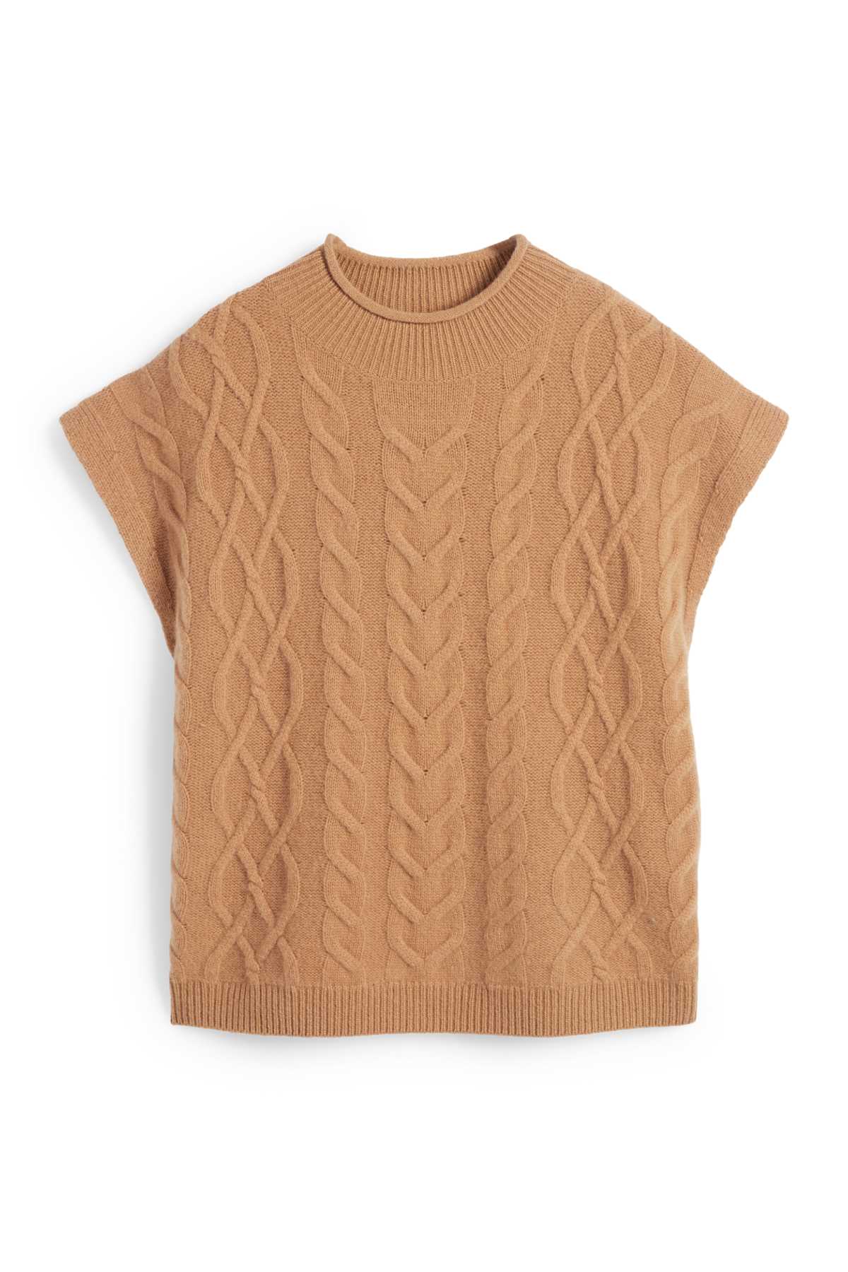 Knitted jumper with cashmere content - short sleeve - wool blend - light brown