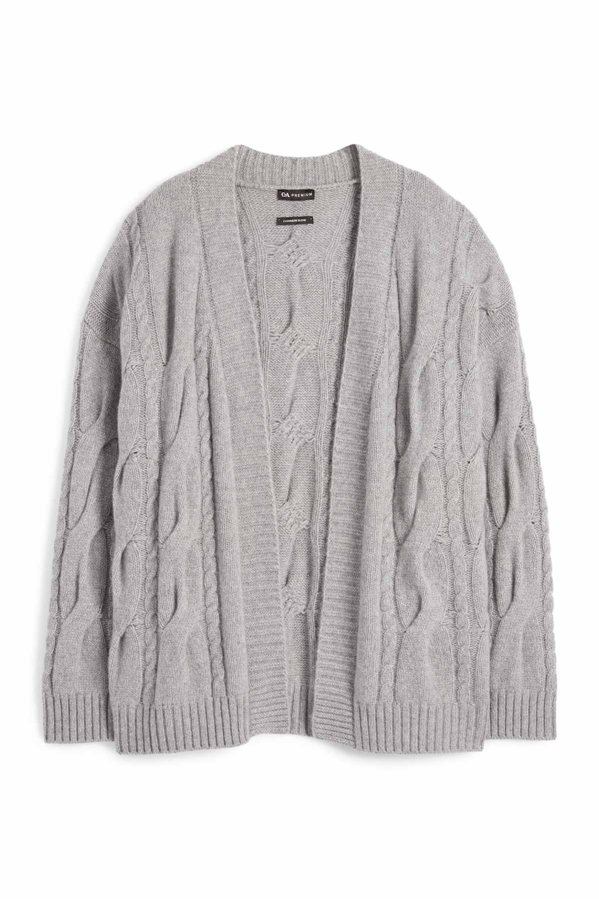 Cashmere cardigan - cable knit pattern - gray