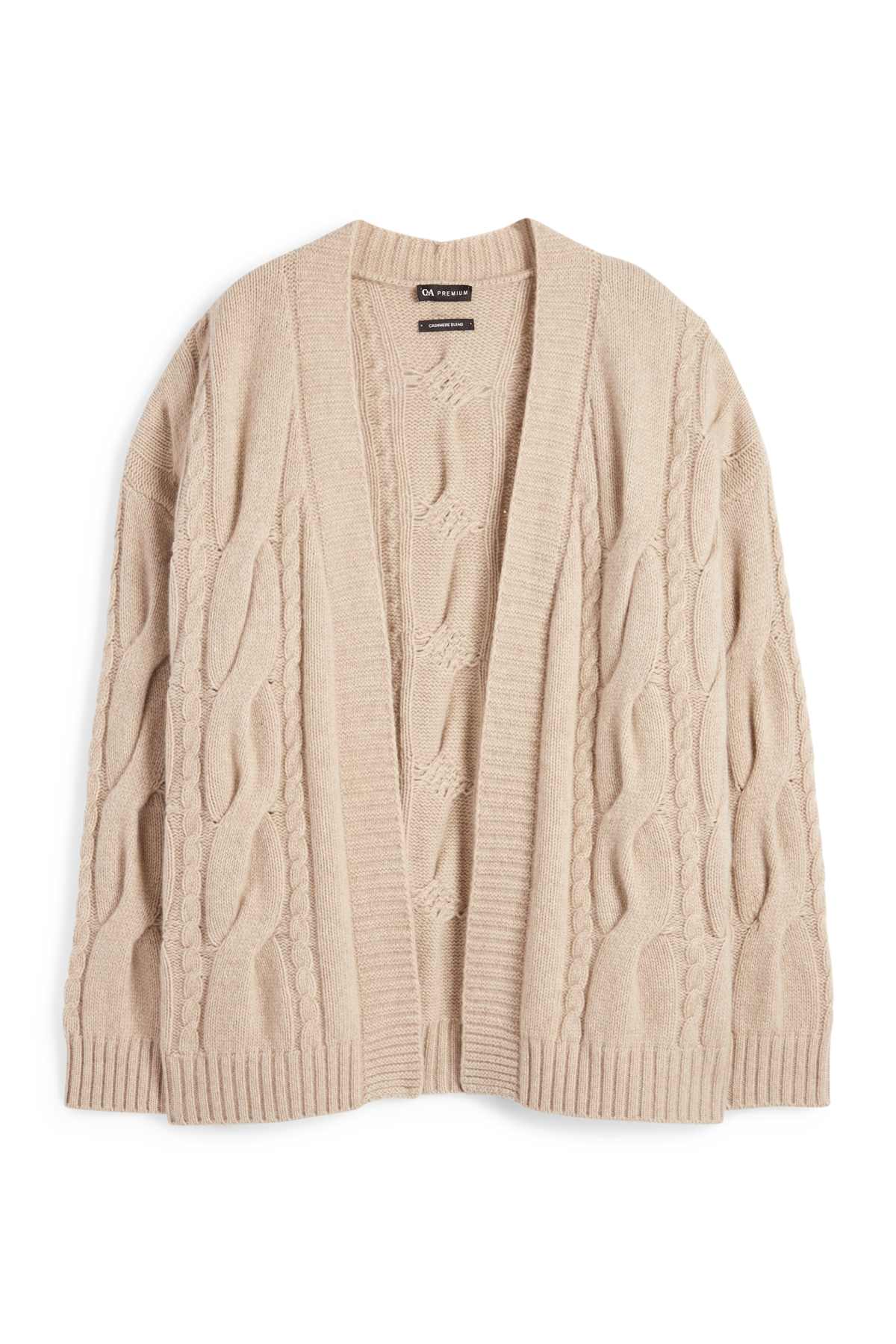 Cashmere cardigan - cable knit pattern - beige