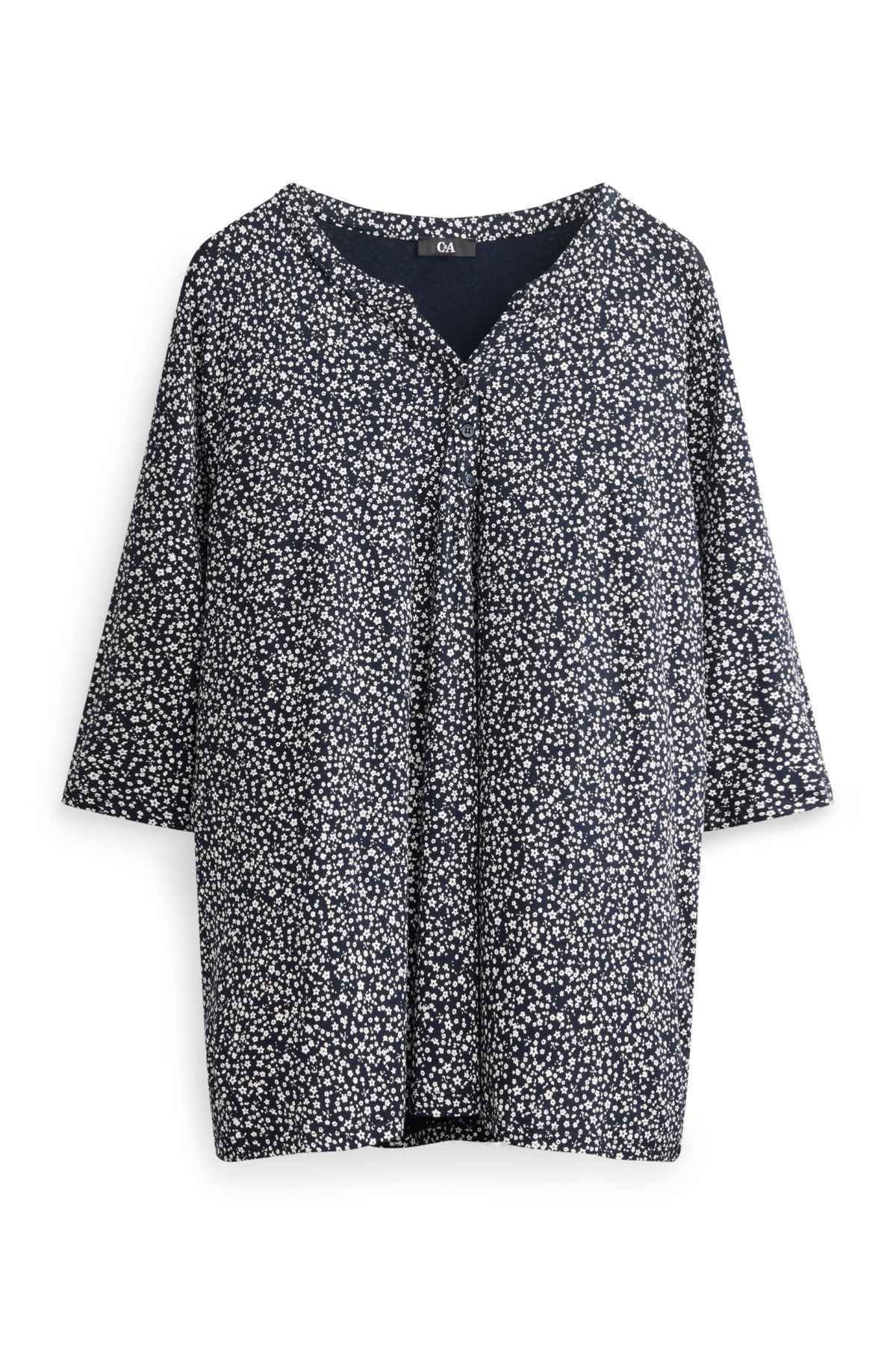 V-neck T-shirt - floral - dark blue / white