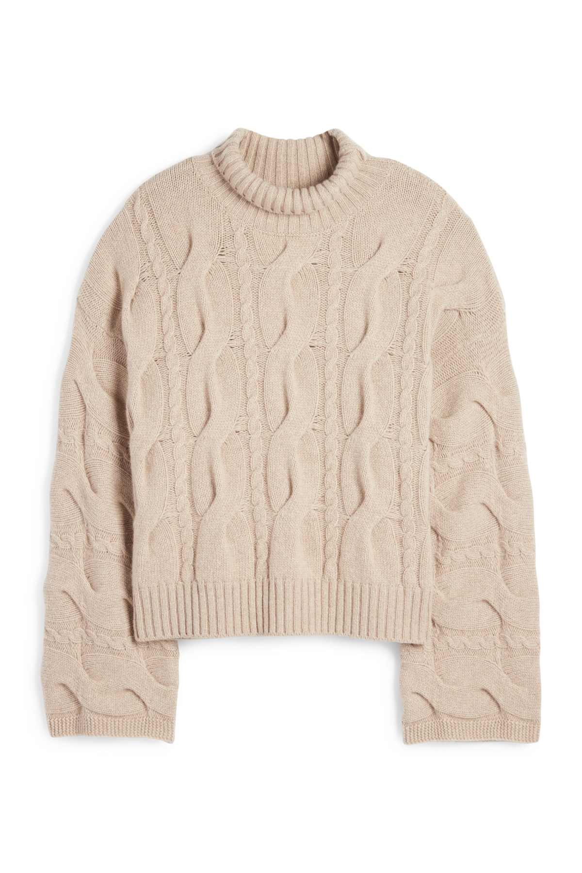 Cashmere turtleneck jumper - cable knit pattern - beige