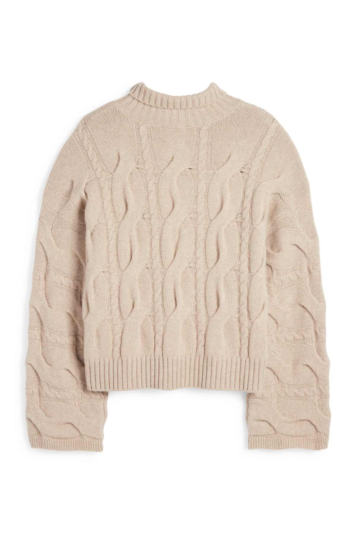 Cashmere turtleneck jumper - cable knit pattern - beige