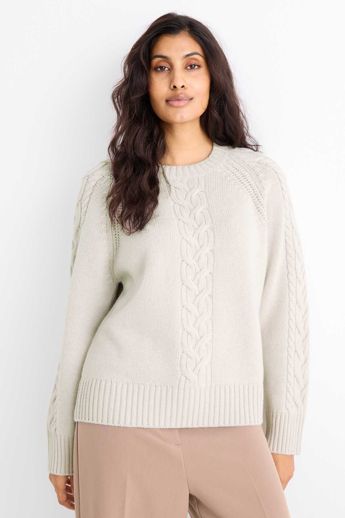 Cashmere jumper - cable knit pattern - light gray