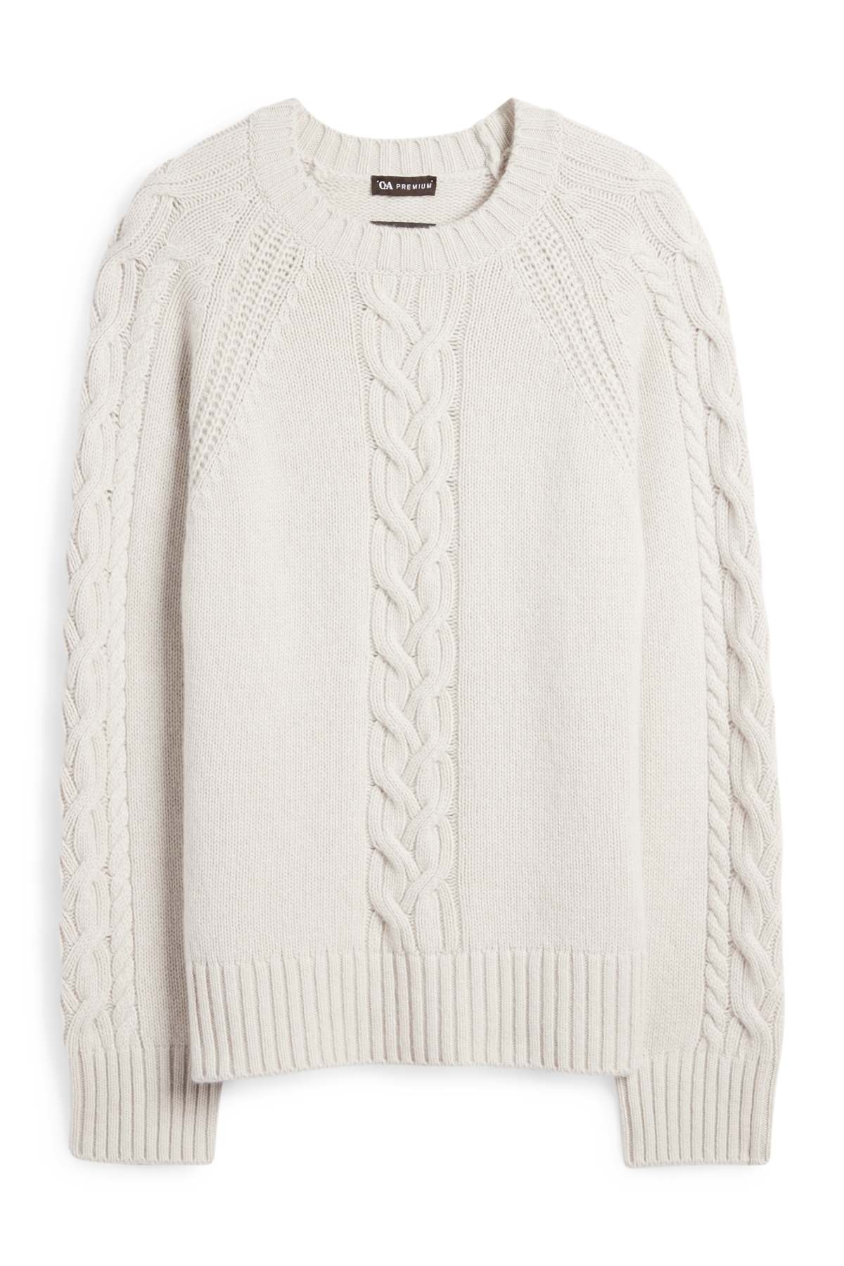 Cashmere jumper - cable knit pattern - light gray