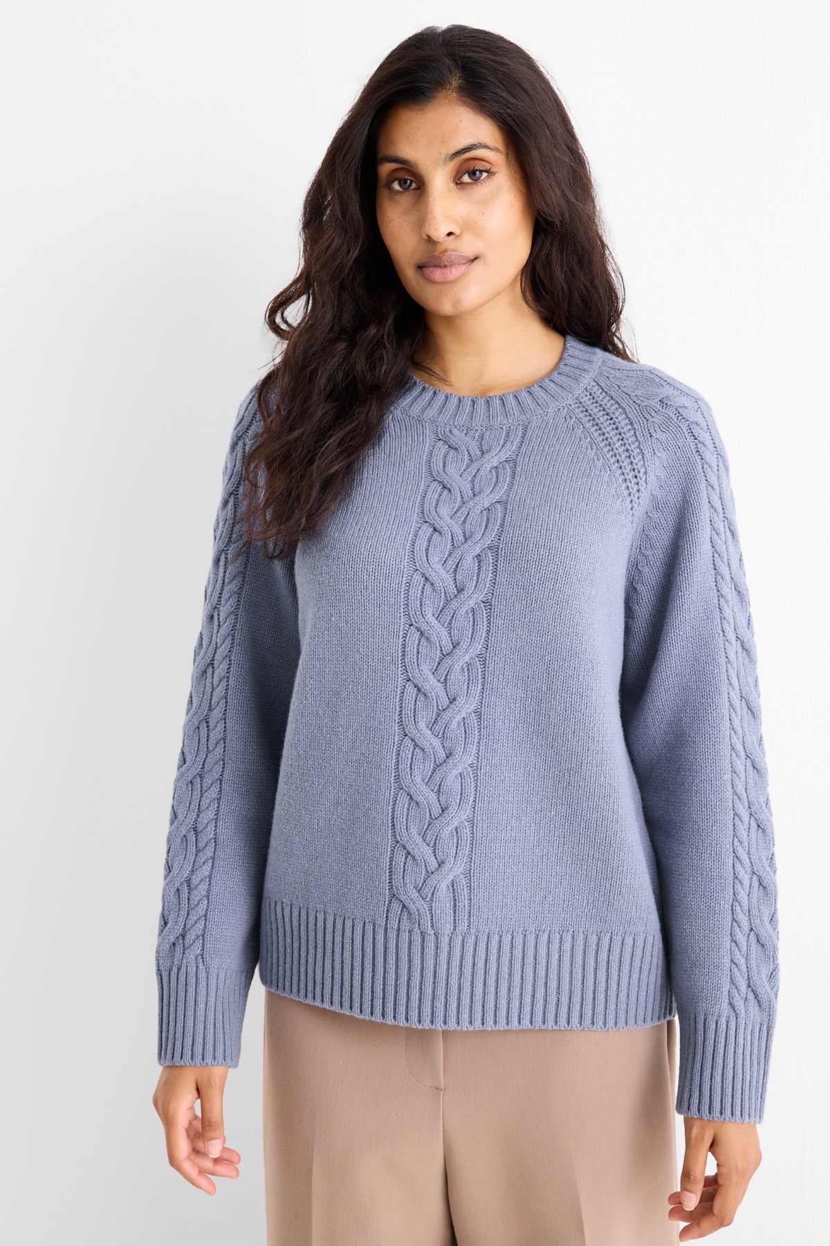Cashmere jumper - cable knit pattern - blue