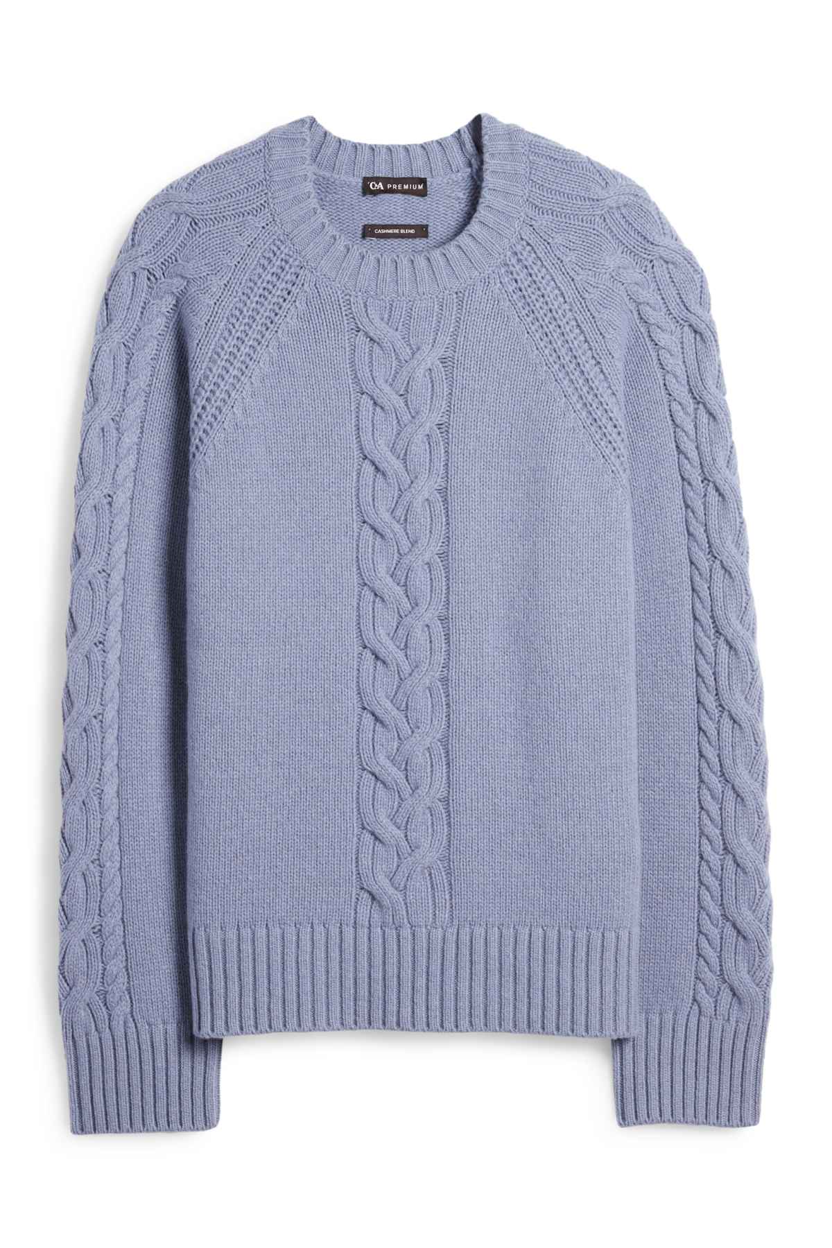 Cashmere jumper - cable knit pattern - blue