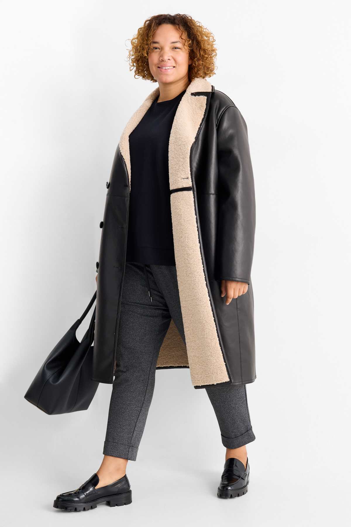 Faux shearling coat - faux leather - black