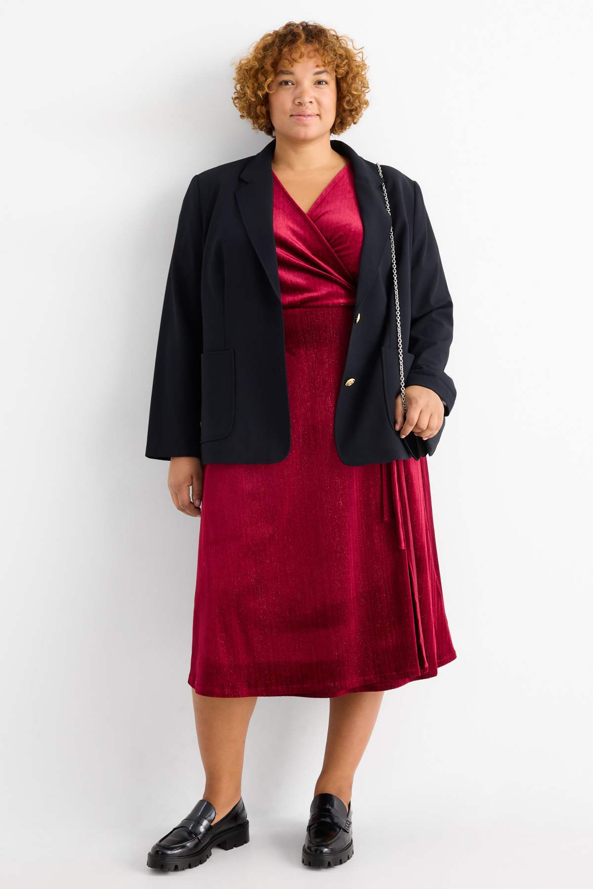 Velvet wrap dress - straight fit - dark red