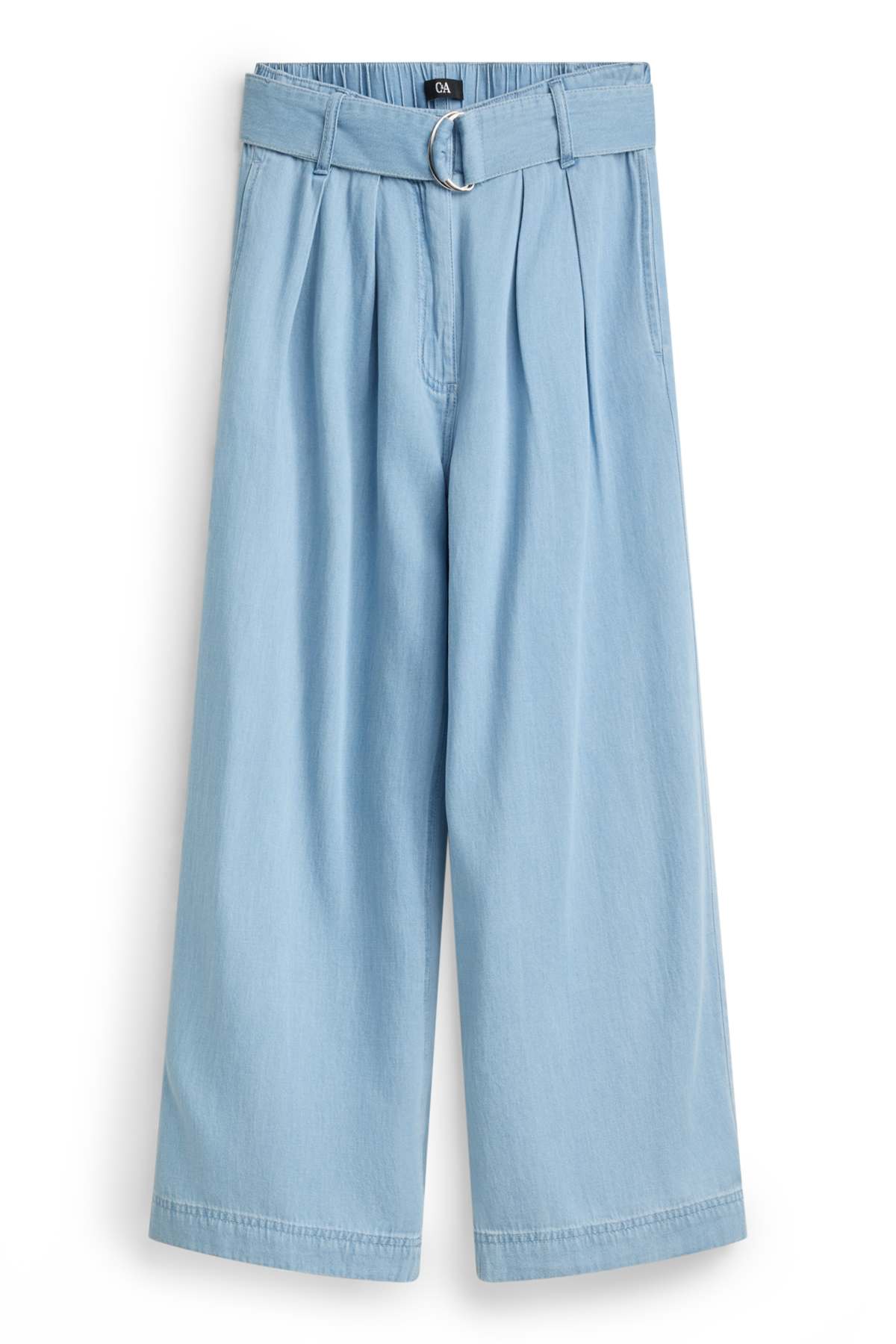 Cropped cloth trousers with belt - high waist - wide leg - denim-light blue