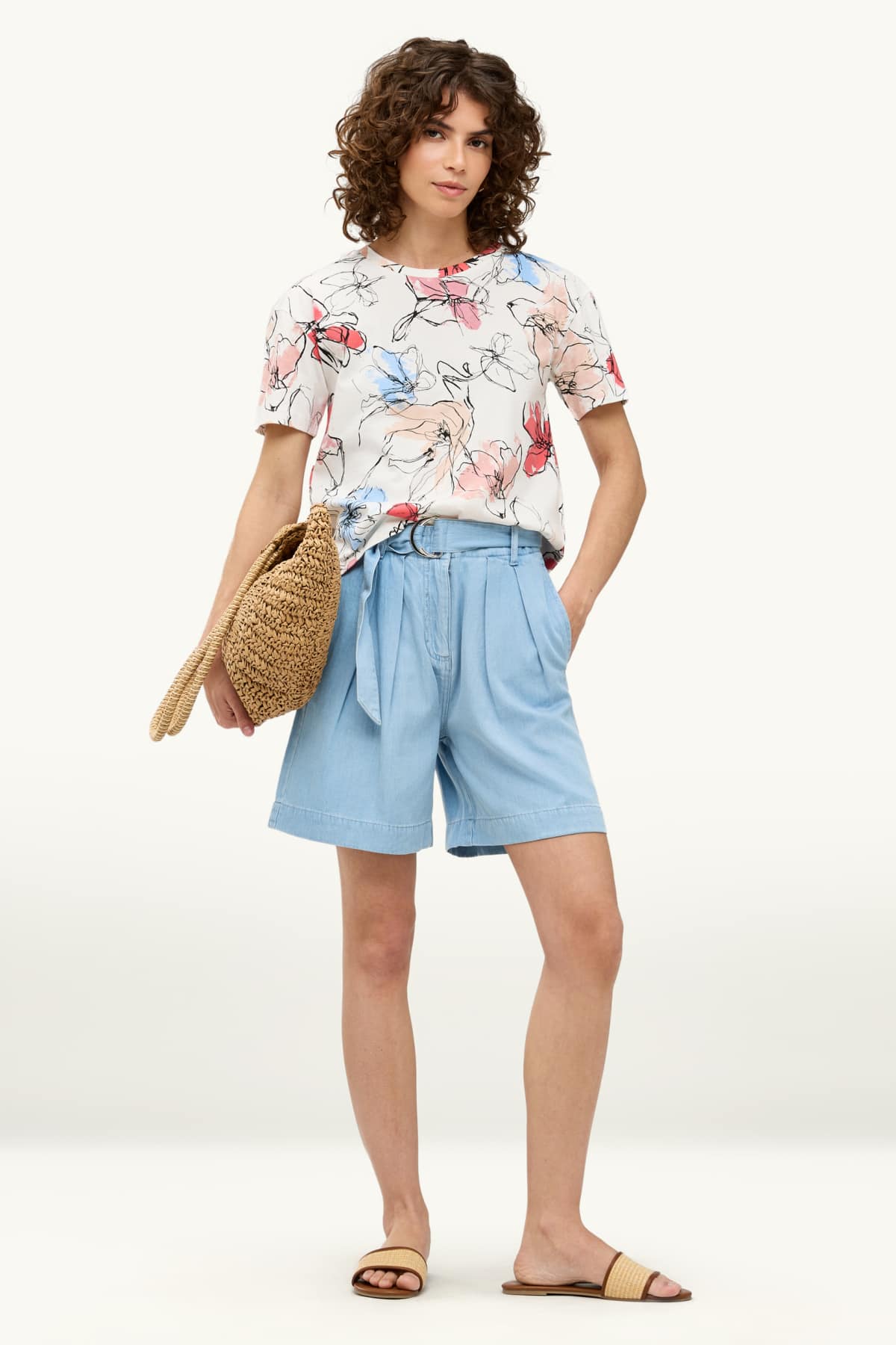 Denim shorts with belt - high waist - denim-light blue
