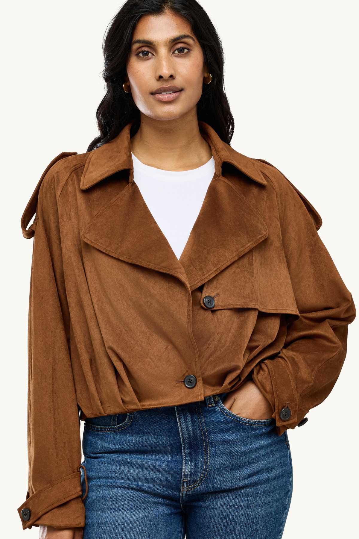 Cropped trench coat - faux suede - brown