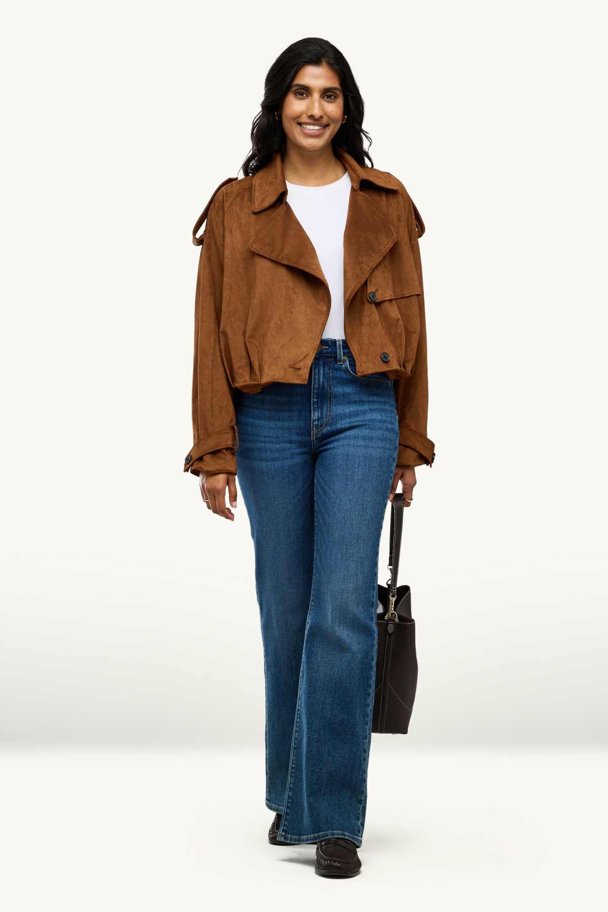 Cropped trench coat - faux suede - brown