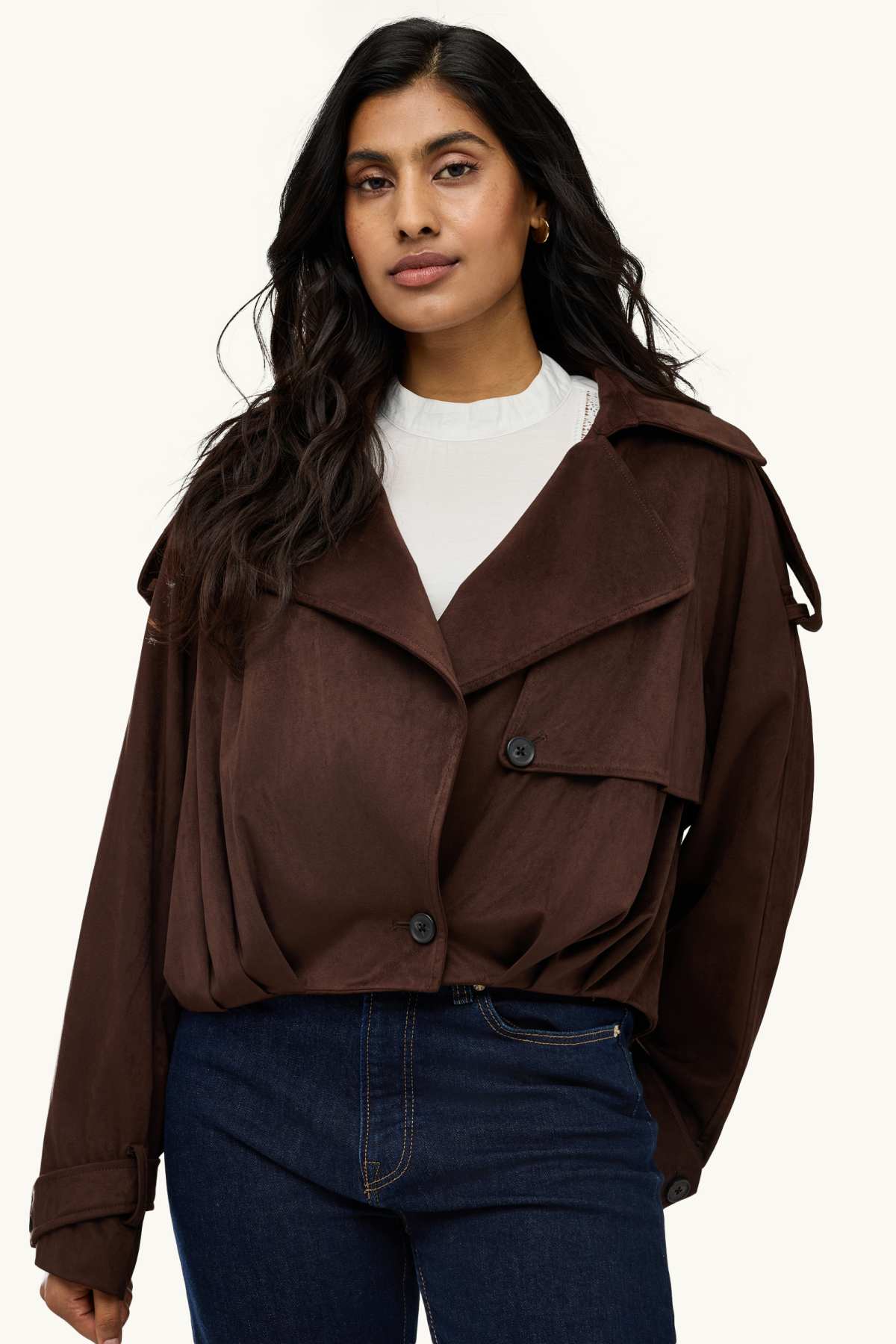 Cropped trench coat - faux suede - dark brown