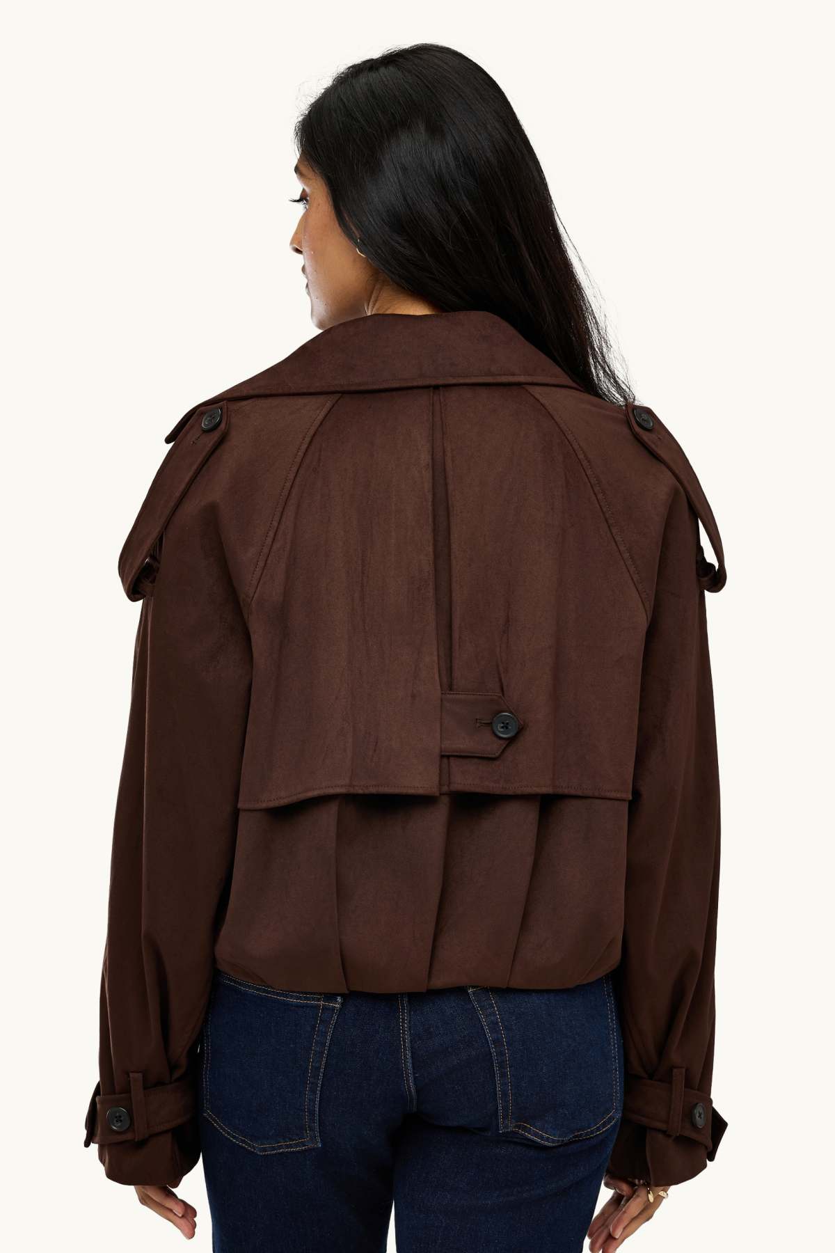 Cropped trench coat - faux suede - dark brown